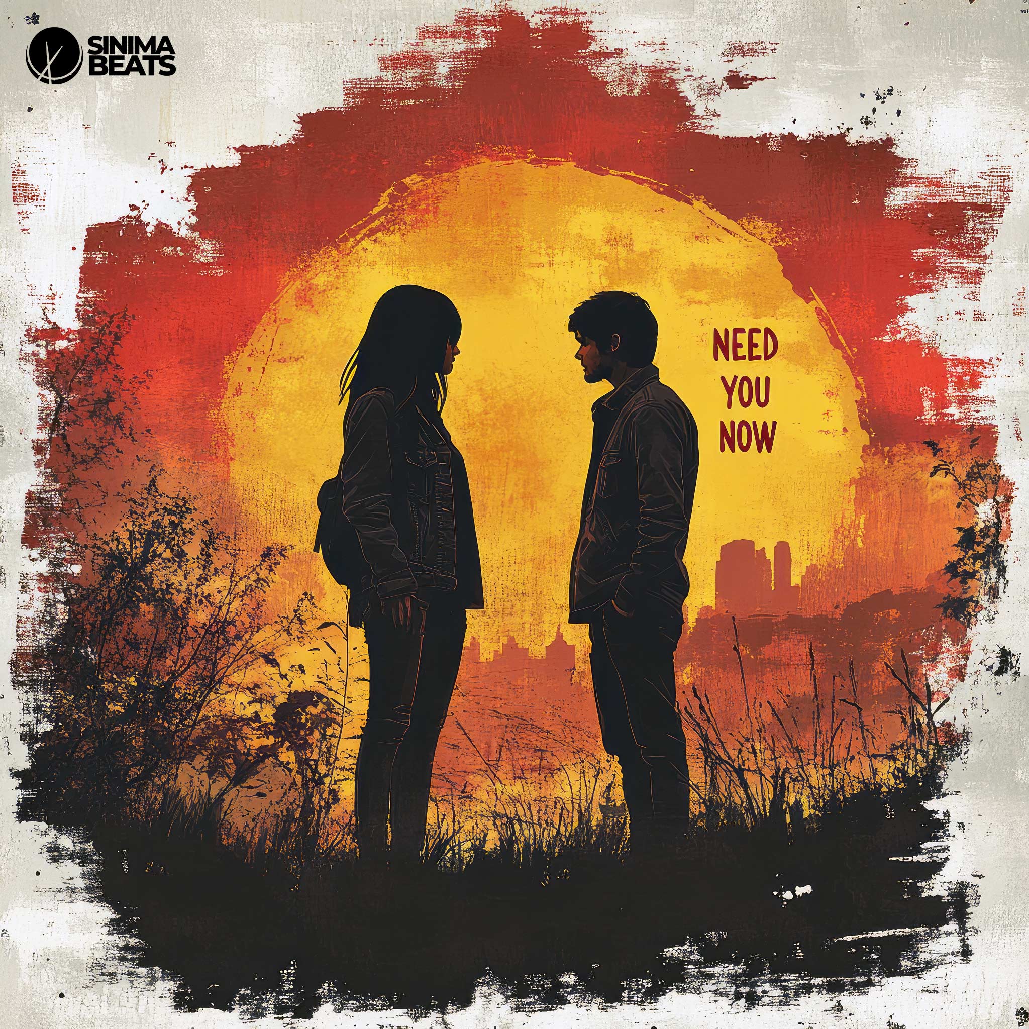 An illustration of a young couple standing together in front of a giant, vibrant sunset, with a cityscape in the background. The textured pop art design adds depth and emotion to the scene, highlighting the warmth of the sunset and the connection between the couple. The image conveys a sense of longing and intimacy, embodying the sentiment of "Need You Now."