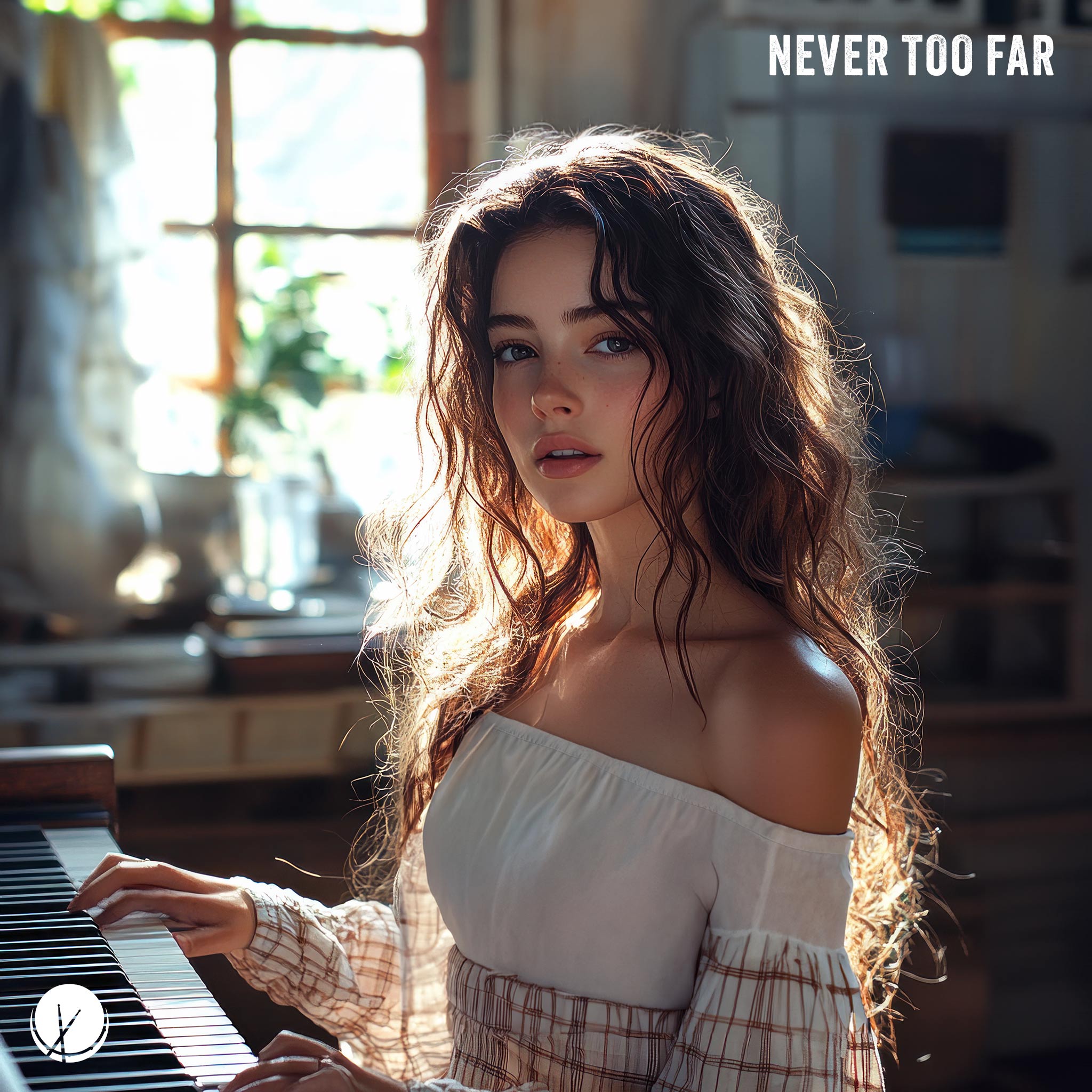 A captivating pop cover art design shows a pretty brunette girl with wavy hair wearing a dress, engrossed in playing a piano in a home setting. The scene emphasizes her graceful presence and the intimate atmosphere of her surroundings, illustrating the theme of "Never Too Far." The image captures the blend of elegance and comfort, portraying a moment of musical expression and personal connection.