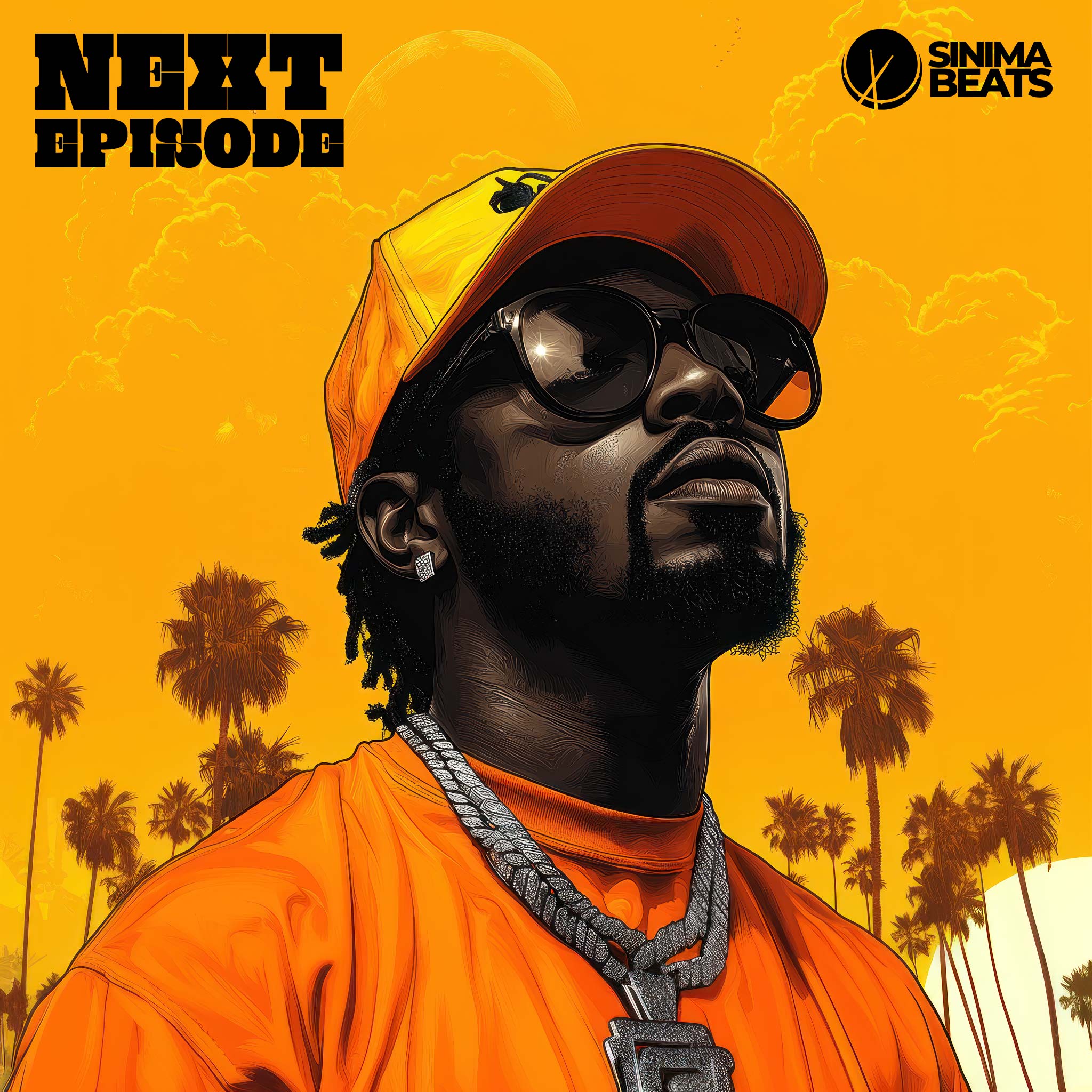 An eye-catching illustration designed for a West Coast hip-hop cover art features a black rapper dressed in a vibrant outfit, complemented by silver chains and stylish sunglasses. The bright yellow background enhances the overall vibe, emphasizing the rapper's bold style and presence. This visually dynamic scene captures the essence of the "Next Episode," highlighting a sense of continuation and progression in the music journey, typical of the energetic and iconic West Coast hip-hop culture.
