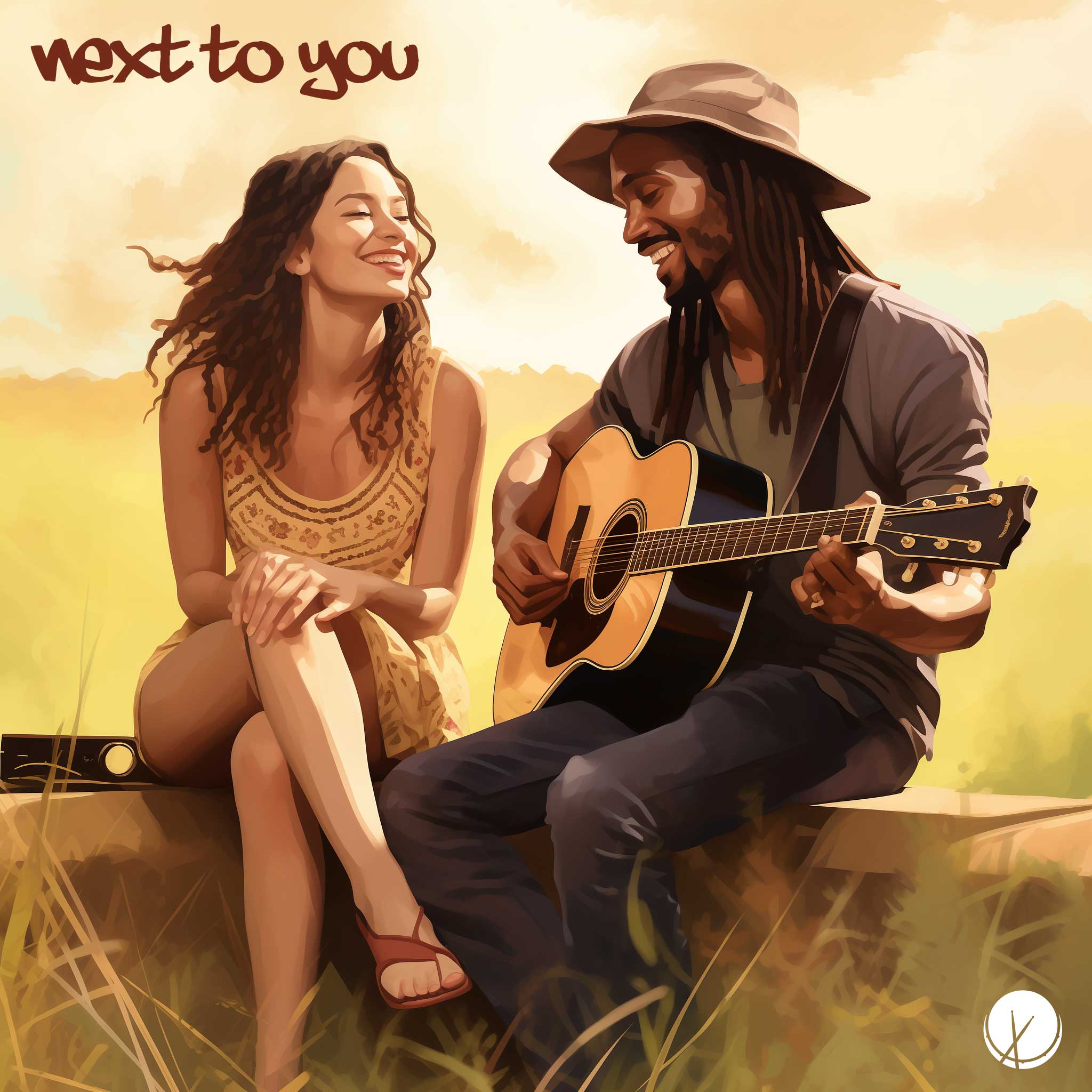 Next to You: Black Couple Enjoying Summer Day. Man with Dreads Holds an Acoustic Guitar. Both Are Smiling, Positive Vibes. She Wears a Yellow Skirt.