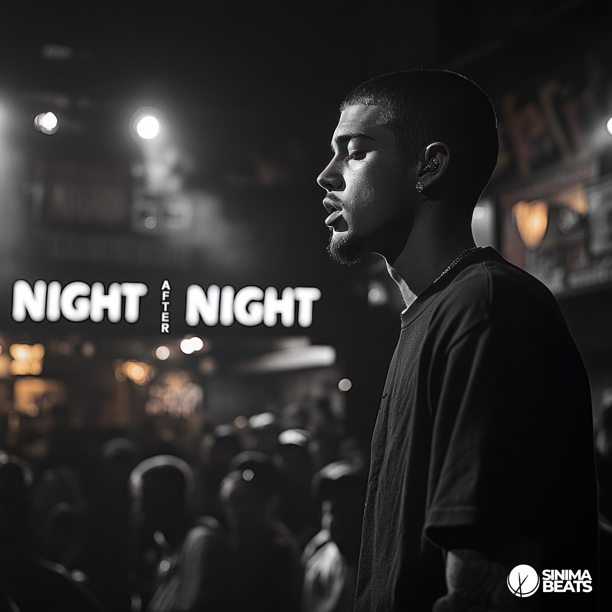 A captivating image of a white male recording artist standing on stage, wearing a black t-shirt, with his eyes closed as he prepares to perform live. The dim stage lights cast a dramatic glow around him, highlighting his focused expression and the intensity of the moment. This scene captures the essence of the phrase "Night After Night," symbolizing the dedication and hard work required to build a successful music career. The atmosphere conveys a sense of perseverance and passion, resonating with the artist