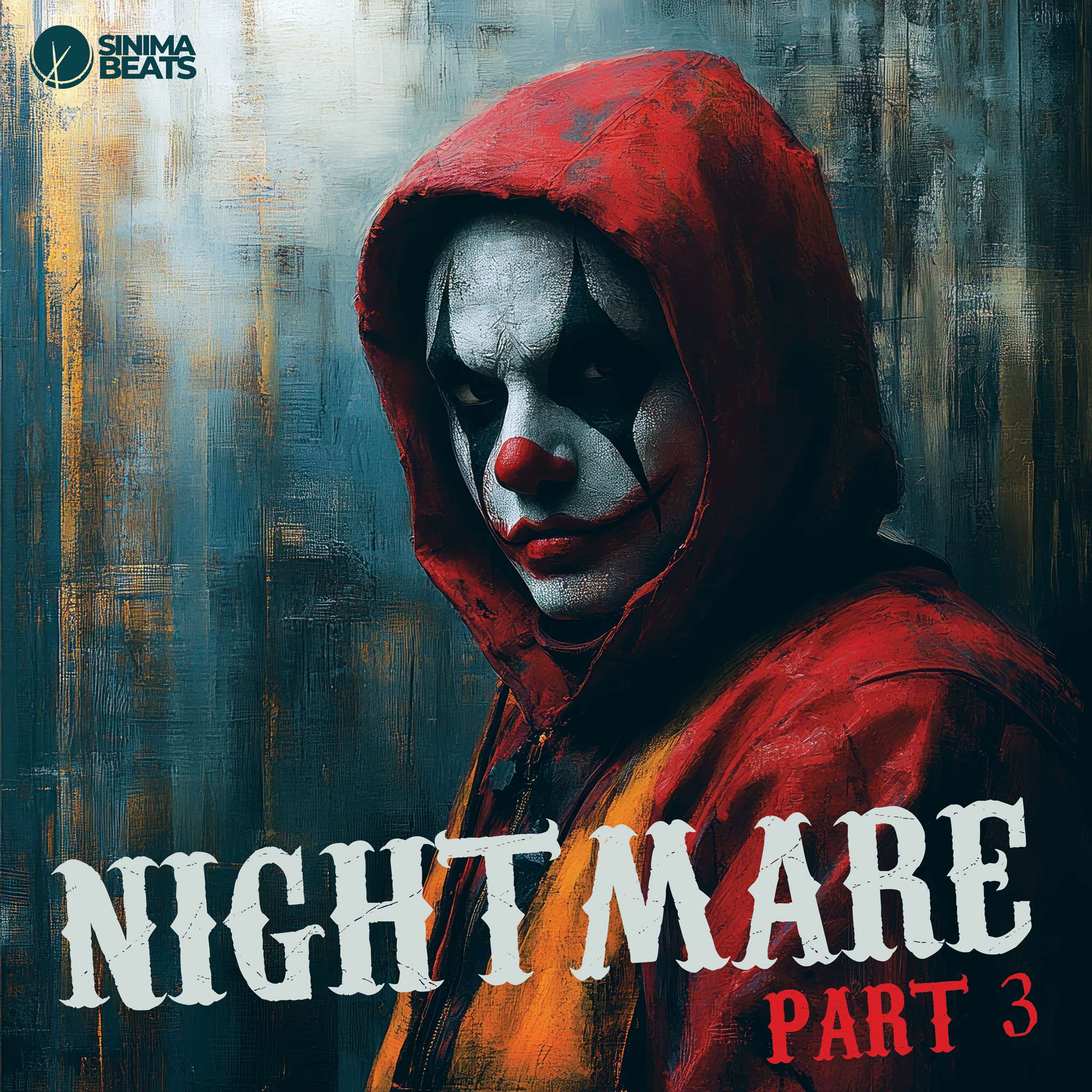 A haunting hip-hop cover art design features a menacing clown with a sinister expression set against a textured background. The eerie imagery of "Nightmare Part 3" evokes a chilling and unsettling mood.