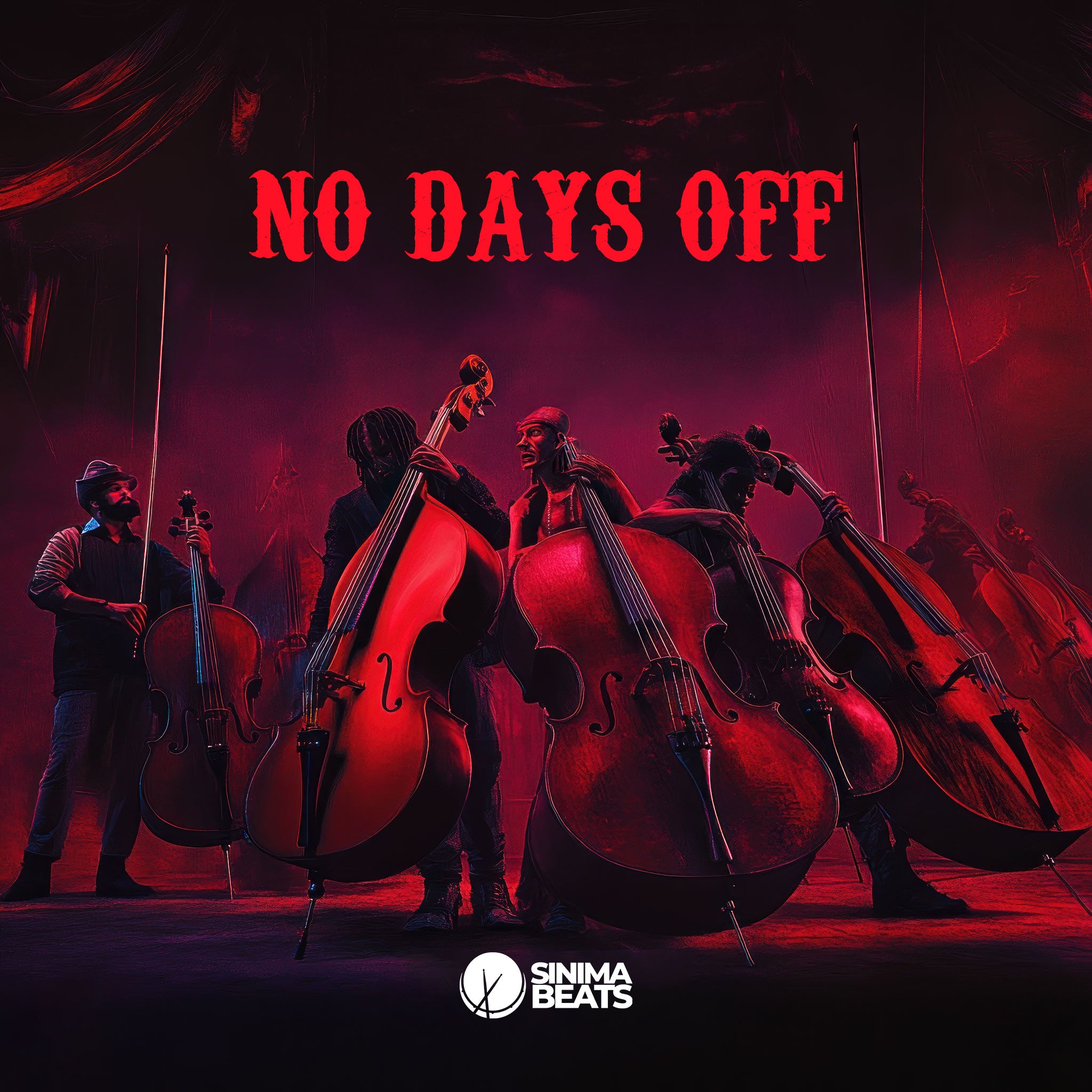 An orchestral hip-hop cover art for Spotify features a small orchestra with cellists performing on stage under dramatic red lighting. The scene emphasizes the dedication to craft, capturing the essence of "No Days Off" for a recording artist or musician.