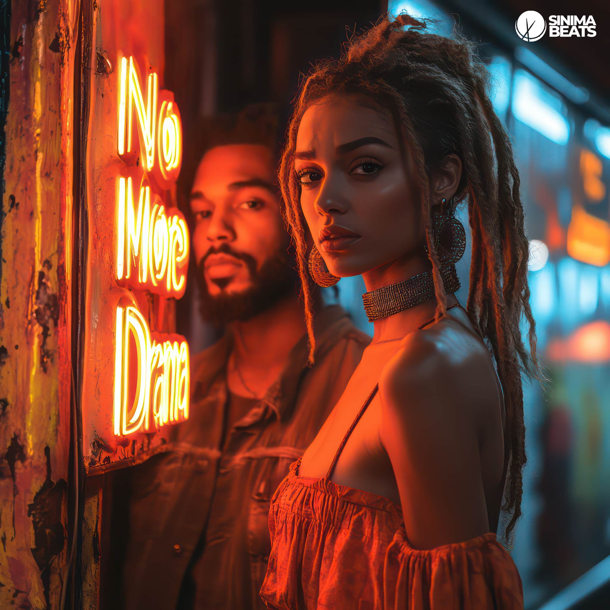 An eye-catching image depicting an attractive light-skinned Jamaican couple standing side by side next to a glowing neon sign. The neon light casts a warm, colorful glow on their faces, emphasizing their calm and content expressions. The scene evokes a sense of peace and resolution, perfectly capturing the essence of the phrase "No More Drama." The contrast between the vibrant neon light and the dark background adds a visually striking element, making this a compelling and memorable cover art design.