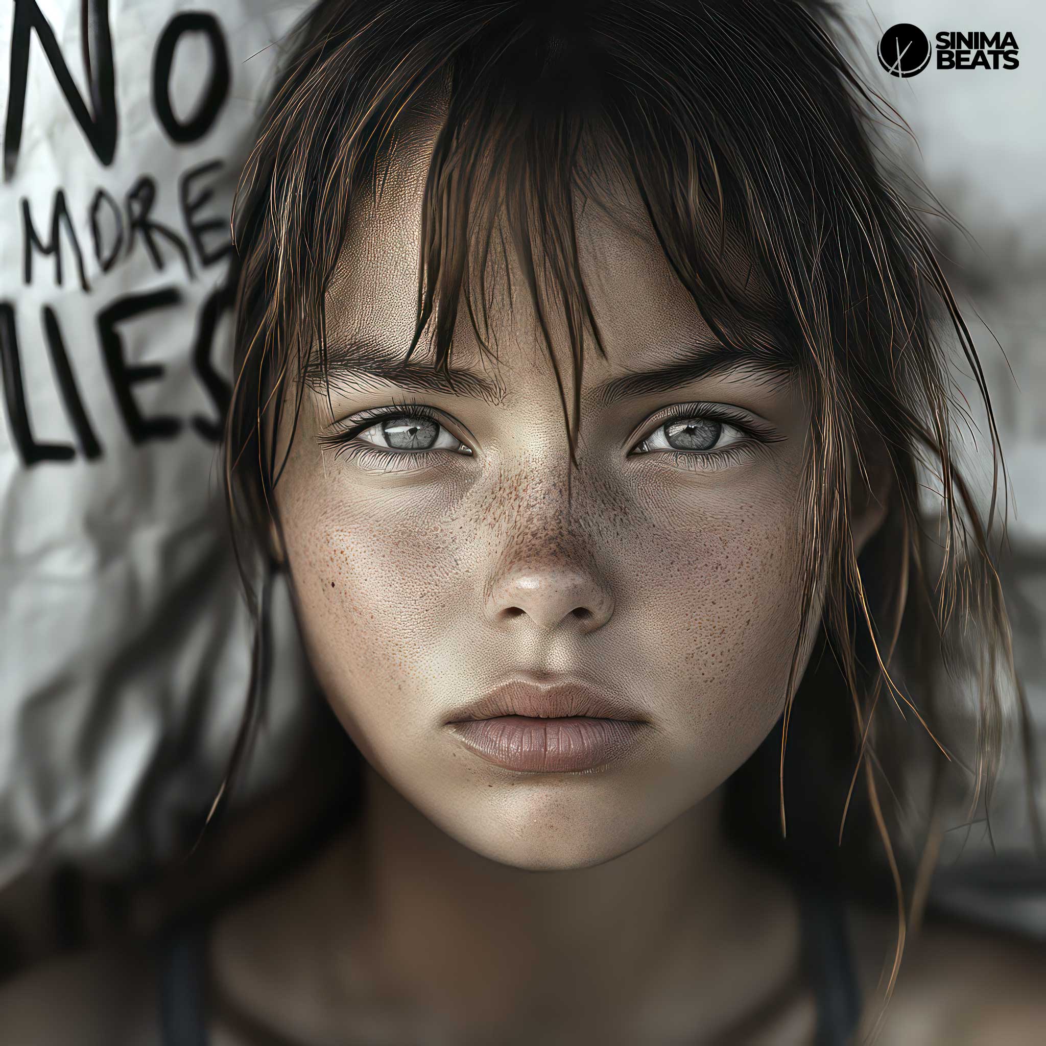 A close-up image of a young girl with striking gray eyes and brunette hair. Her face is the focal point, filled with emotion, capturing a deep and introspective expression. In the background, words are written in black marker on white linens, adding a layer of storytelling to the scene. The image reflects the powerful theme of the phrase "No More Lies," conveying a sense of honesty, revelation, and personal reflection. This design makes a strong visual impact, perfect for conveying sincerity and depth.