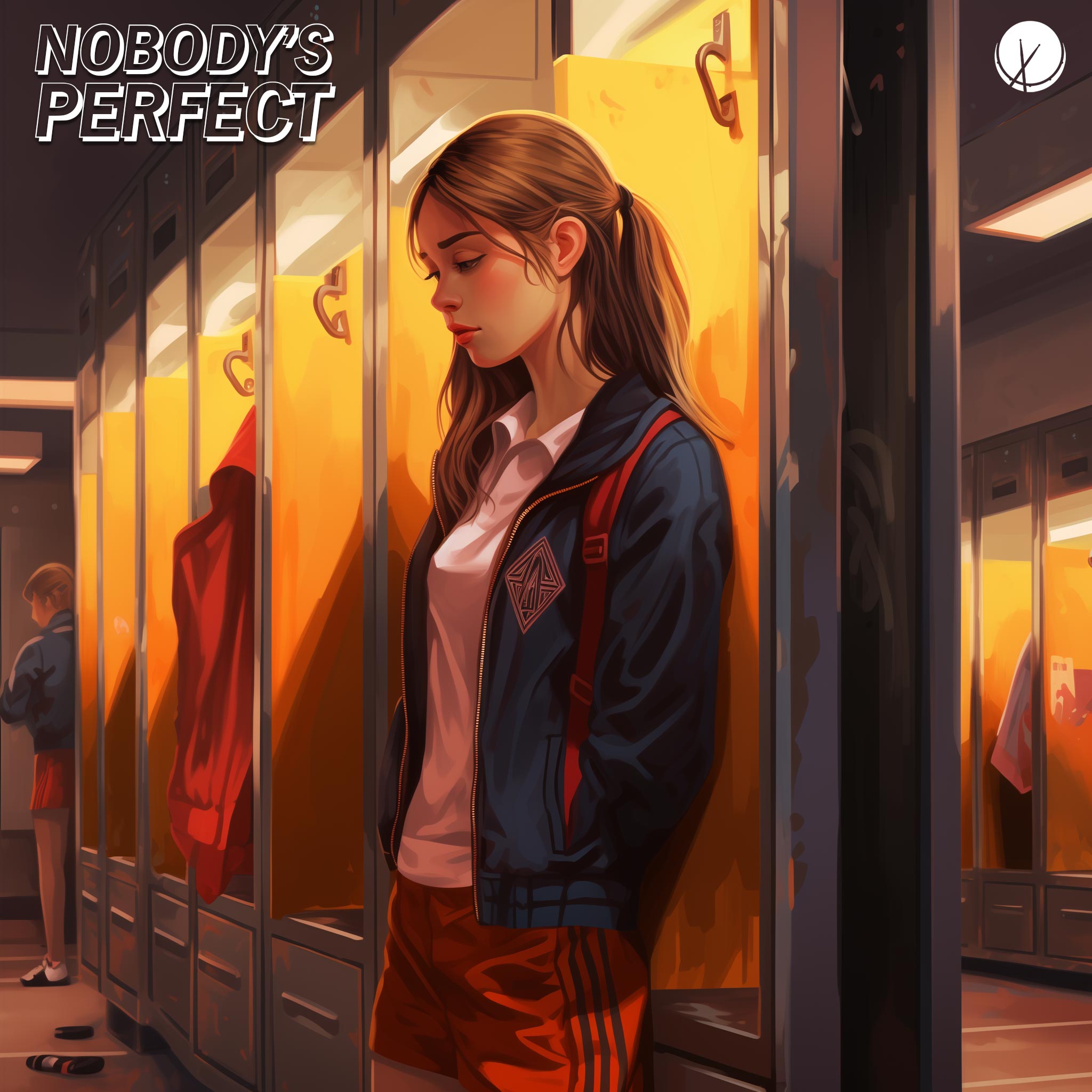 Poignant scene titled "Nobody's Perfect" featuring a high school student, a female, in the girls' locker room. She is feeling insecure or sad about her appearance, wearing shorts and a blue sweater, with a red backpack, capturing a moment of vulnerability.