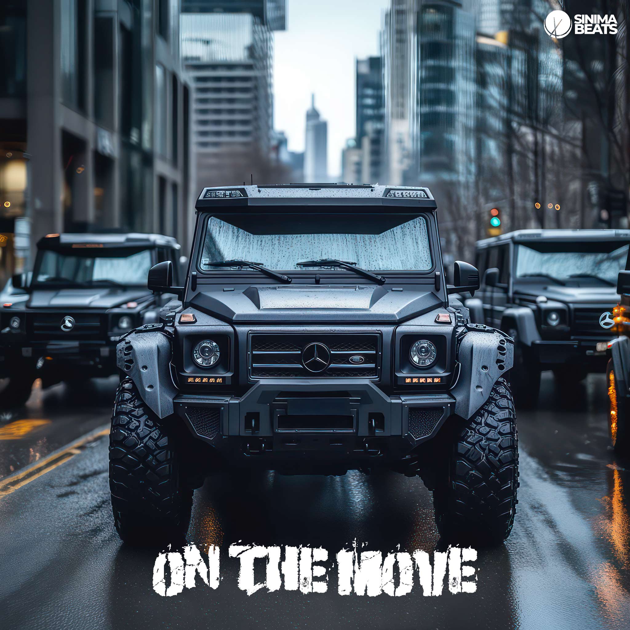 A convoy of sleek black Mercedes G-Wagons drives down a bustling city street. The scene captures the luxurious and powerful presence of the vehicles against the urban backdrop. The high-end SUVs are portrayed as being "On the Move," emphasizing their dominance and sophistication in the city environment.