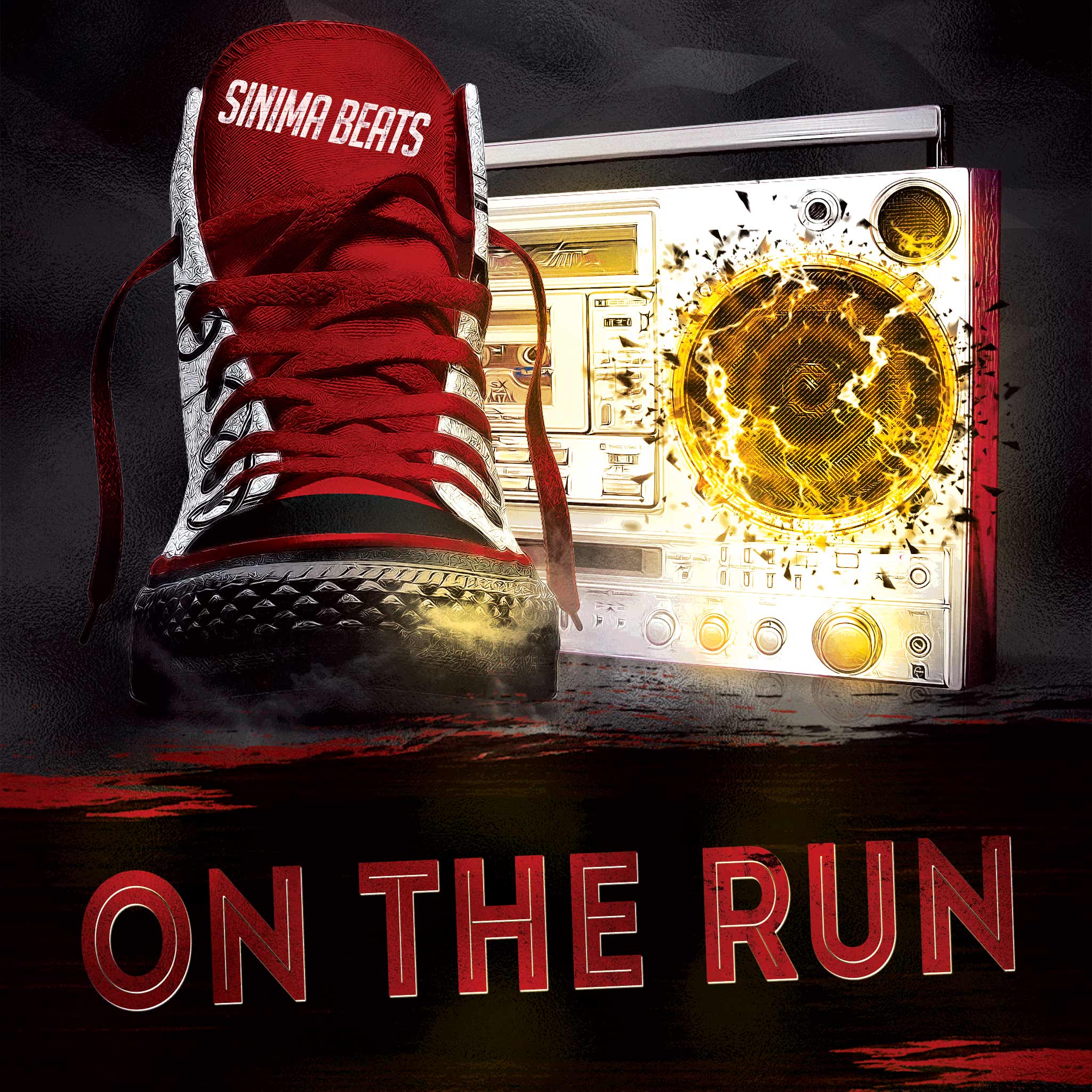 A vibrant red and black hip-hop cover art featuring a sneaker and a boombox, both set against a textured background. The bold color palette and urban elements convey a sense of urgency and movement, capturing the essence of "On the Run." The design emphasizes the dynamic and energetic nature of the hip-hop culture, with the iconic sneaker symbolizing street style and the boombox representing the powerful beats and rhythms that define the genre. The textured backdrop adds depth and grit.