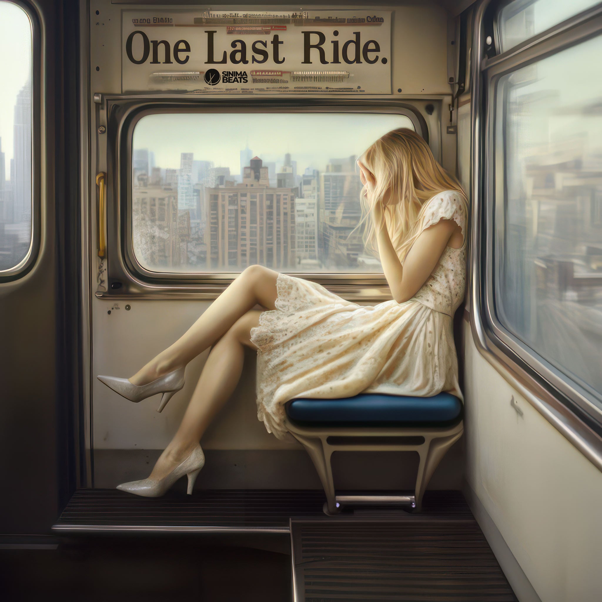 A blonde woman in a dress sits quietly on a New York City subway, gazing out the window, reflecting on the bittersweetness of her final ride. Her expression conveys both sadness and hope, as she prepares to relocate to a faraway place, leaving behind the familiar. The dim lighting and empty seats capture the essence of this poignant moment, highlighting her anticipation of a new future while cherishing the memories of the city she's leaving behind.