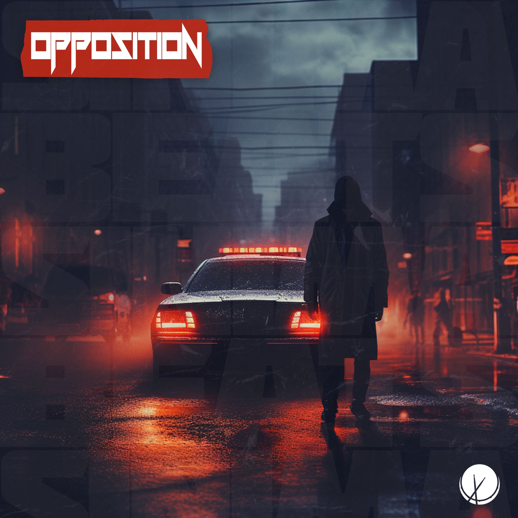 Scene titled "Opposition" featuring a man wearing a hoodie standing in front of a police car on an urban city street at nighttime. The atmosphere is dangerous, with dark clouds overhead, creating a tense and dramatic setting.