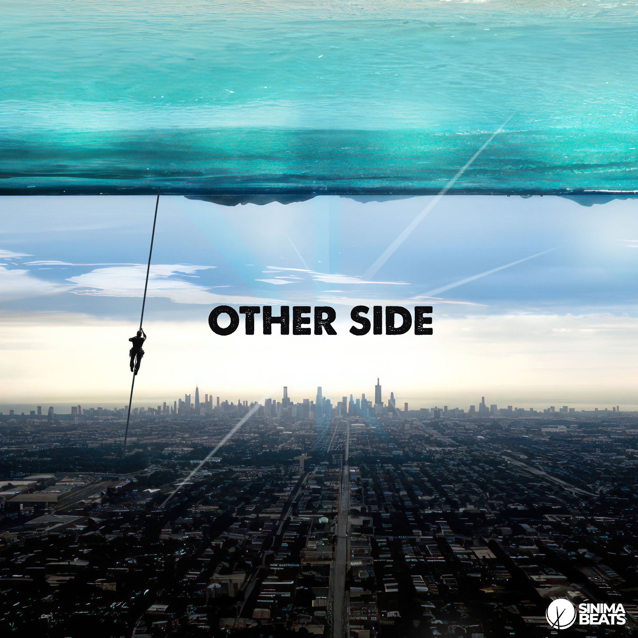 A unique cover art design for a hip-hop album titled "Other Side," showing a cityscape at the bottom, the sea above, and the sky in the middle. A man is climbing a rope in an effort to escape the city, symbolizing the struggle to break free from urban life. The surreal composition challenges the boundaries of reality, with gravity-defying elements highlighting the contrasting worlds and the individual's quest for freedom and change.