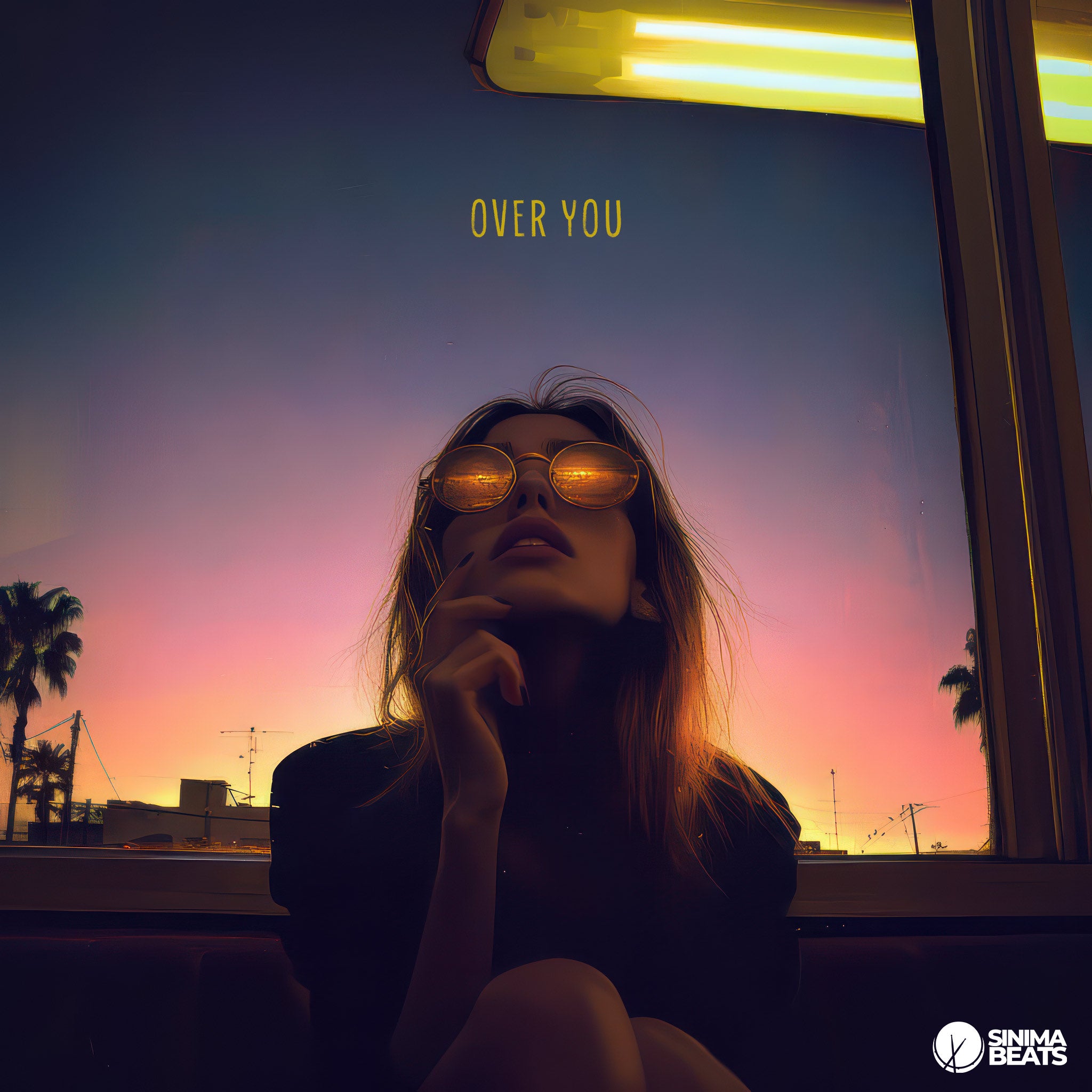 The "Over You" cover art features a beautiful woman wearing stylish sunglasses, standing against a backdrop of twilight with palm trees. The lighting is soft and ambient, casting a warm glow that complements the evening setting. Her expression is one of calm confidence, hinting at a sense of moving on or liberation. The palm trees in the background evoke a sense of serenity, with an overall mood of relaxation and detachment.