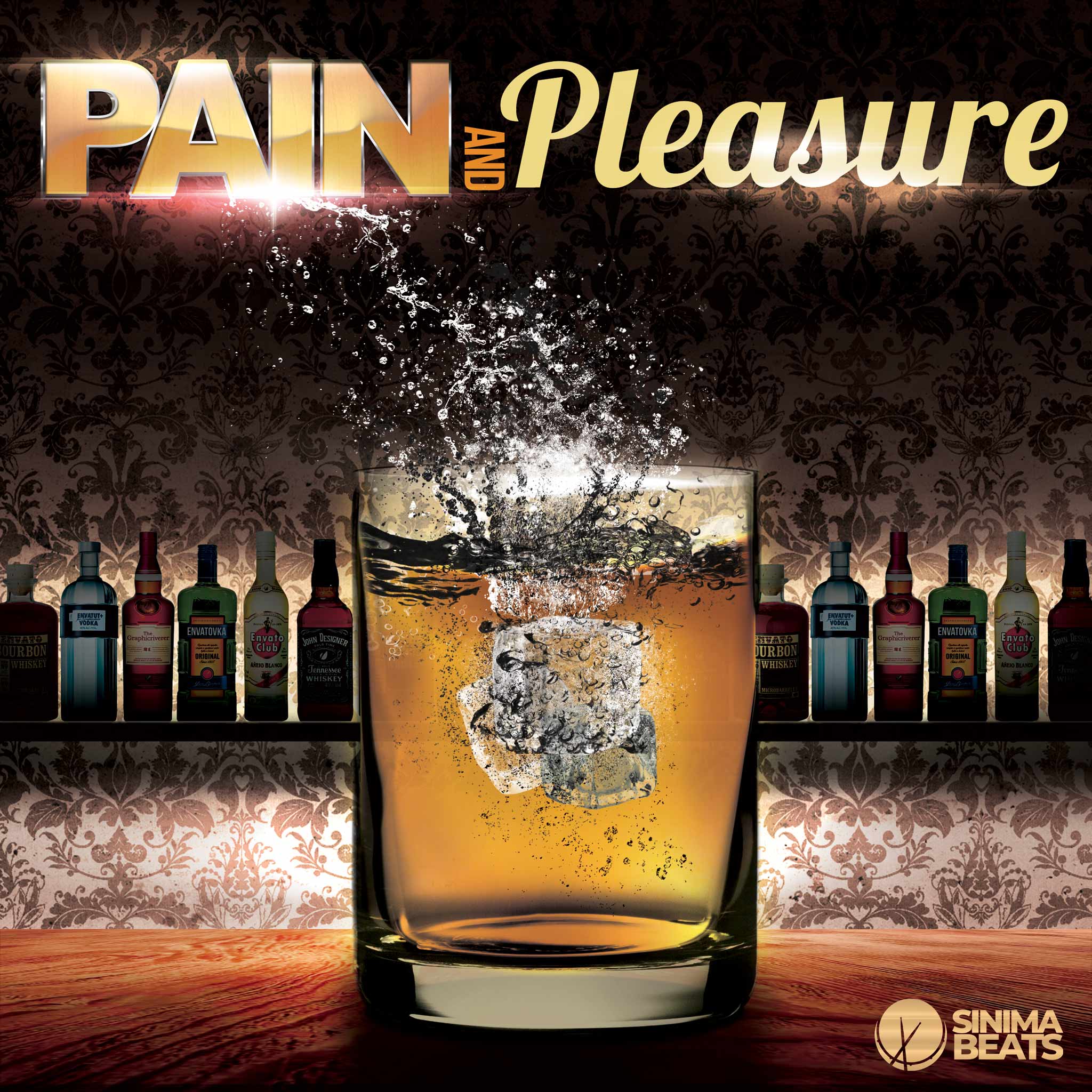 The "Pain and Pleasure" cover art design features a close-up CGI image of a bar shelf lined with bottles. In the foreground, a glass of whiskey with ice cubes is being filled, and the splash created as the ice drops into the glass symbolizes the use of pleasure to escape pain. The dramatic contrast between the smooth, clear whiskey and the dynamic splash captures the theme of finding solace in indulgence amidst personal struggles. Emphasizing the allure of alcohol to escape pain.