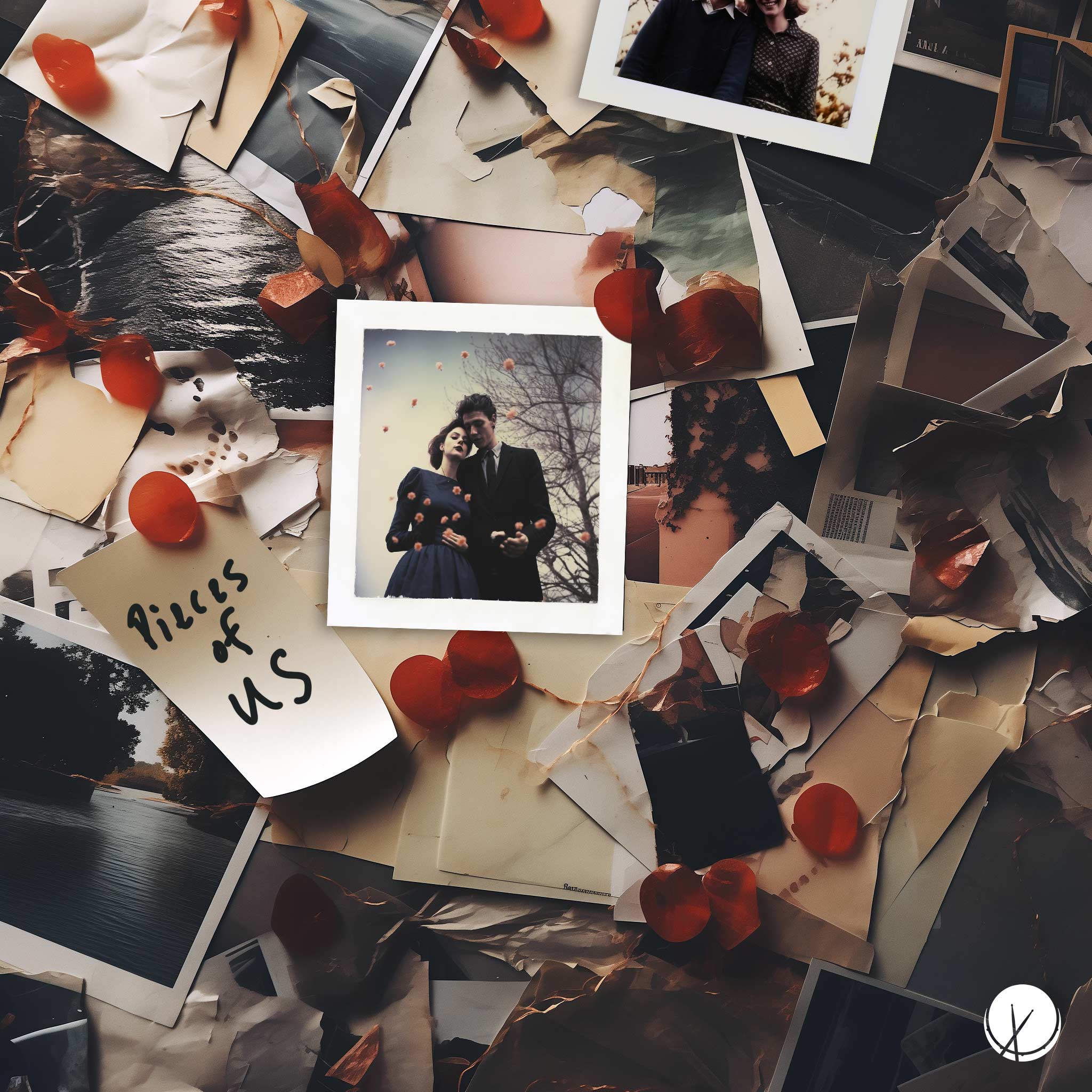Pieces of Use: Polaroid Photo Collage of Happy Couple and Memories, with Hand-Written Note and Red Round Gems Scattered Around.