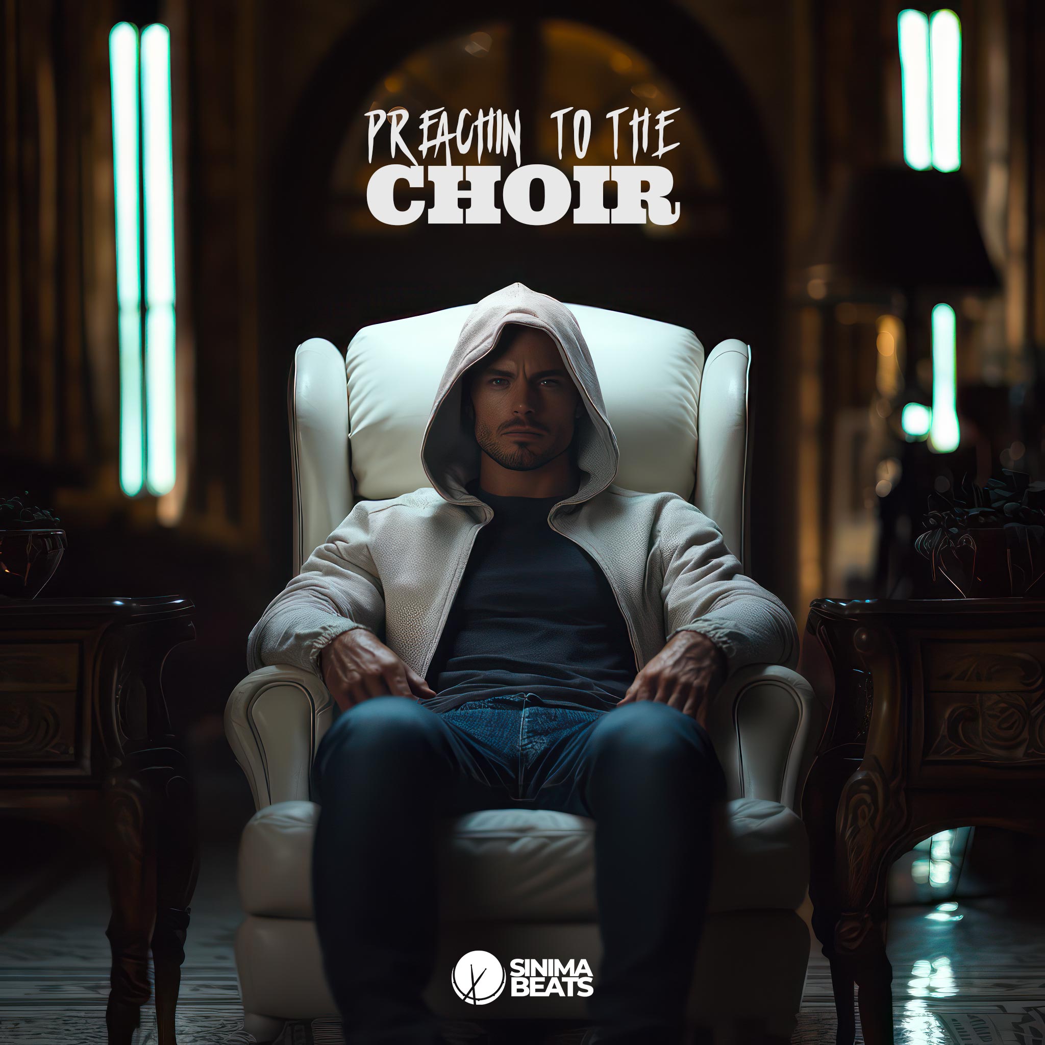 ‘Preachin’ to the Choir’ full-body shot of a white man sitting at a distance, wearing a hoody that covers up to his eyebrows. He has a serious and confident expression while seated in a luxury white leather recliner. He is dressed in a dark grey shirt and blue jeans, presenting a rugged appearance. The wide-angle shot is set against a solid grey background, in 4K cinematic quality.