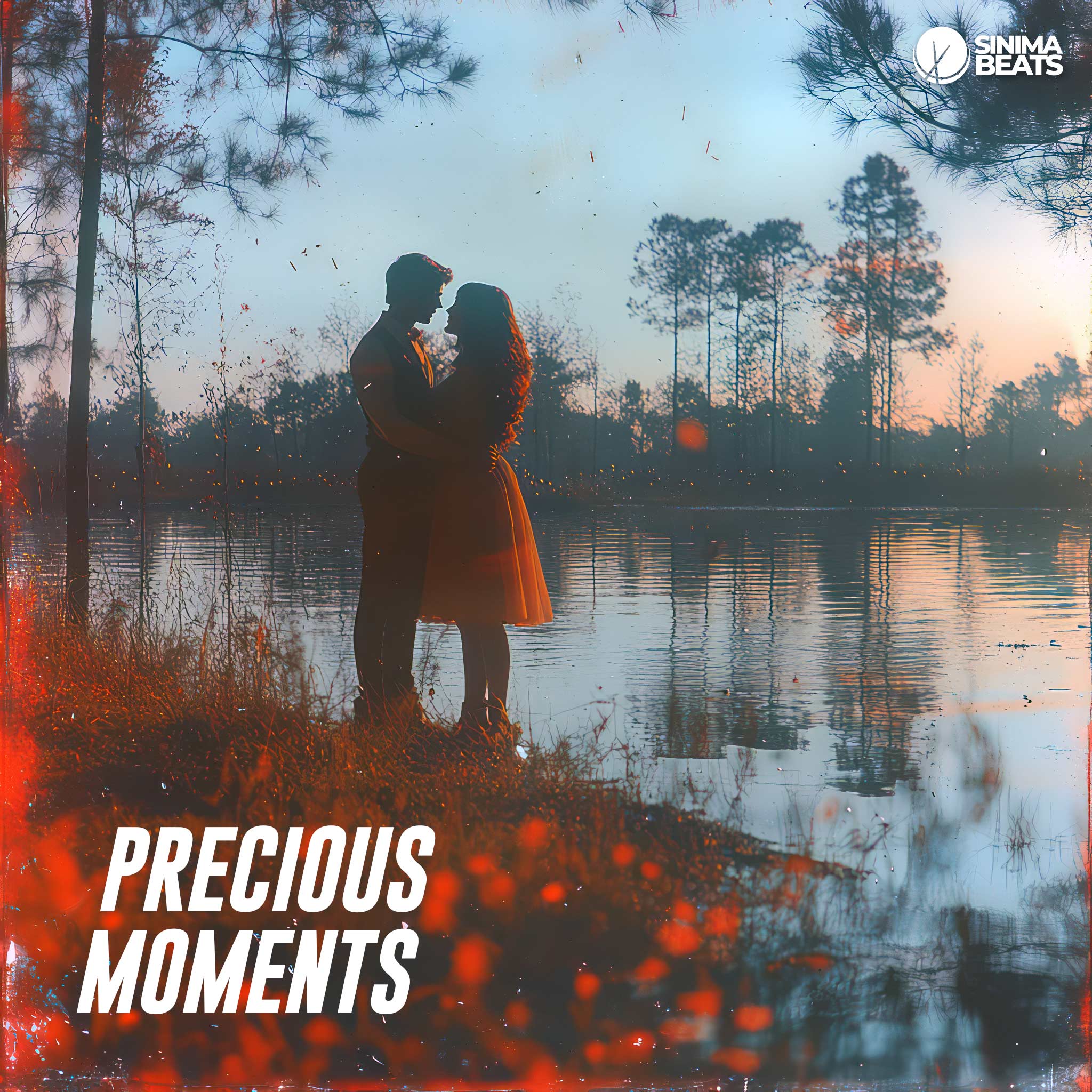 A couple embracing by a river with a forest backdrop, featuring a red faded texture overlay for a Polaroid-quality photo. This intimate and nostalgic scene is captured in ‘Precious Moments,’ evoking a sense of warmth and vintage charm.