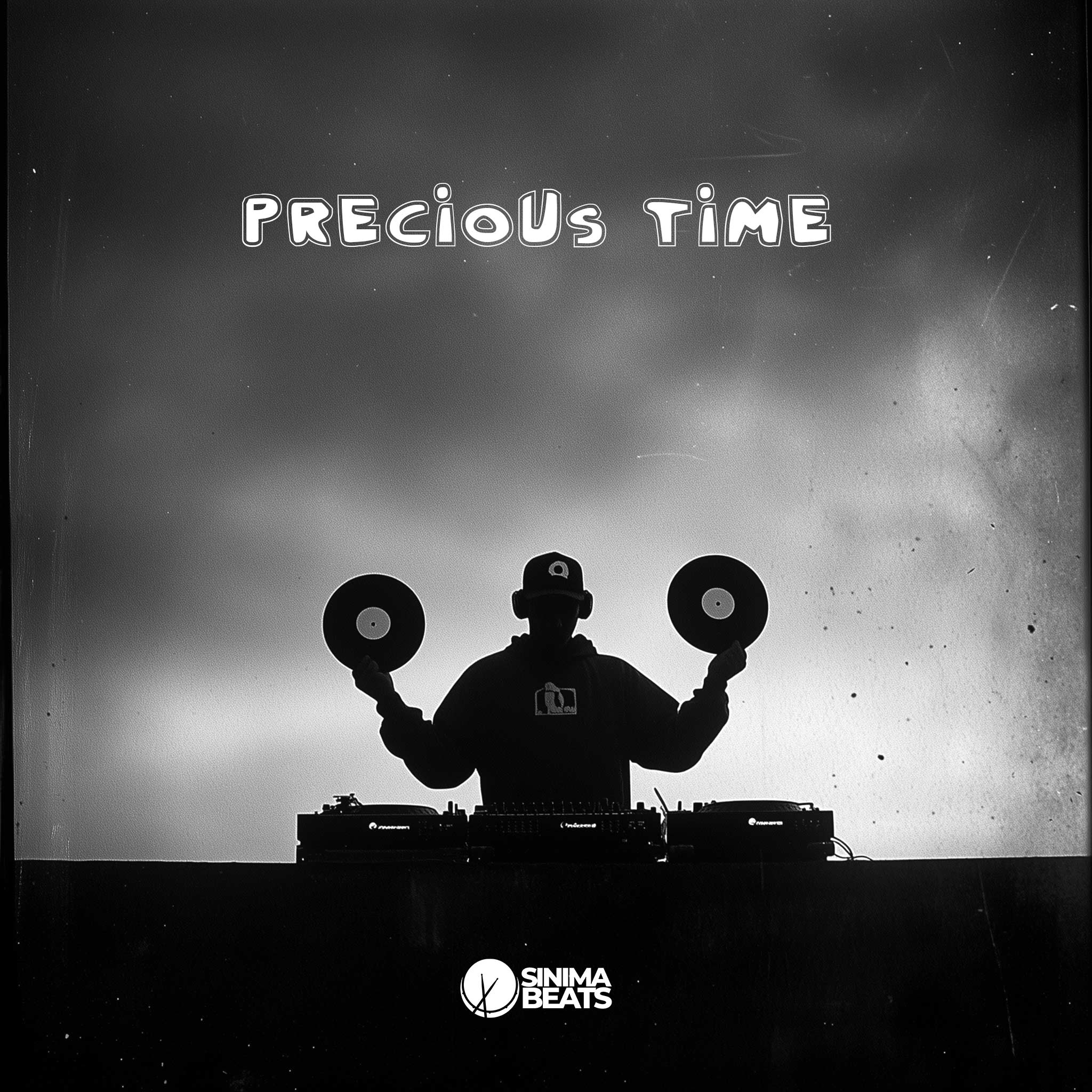 A DJ dressed in urban style clothing stands against dark gray, cloudy skies, holding vinyl records. The image features a textured overlay with a grunge effect, capturing the essence of precious time in the world of music. The scene combines a raw, gritty atmosphere with the timeless art of vinyl records, perfect for those who appreciate a vintage yet contemporary vibe. - Precious Time