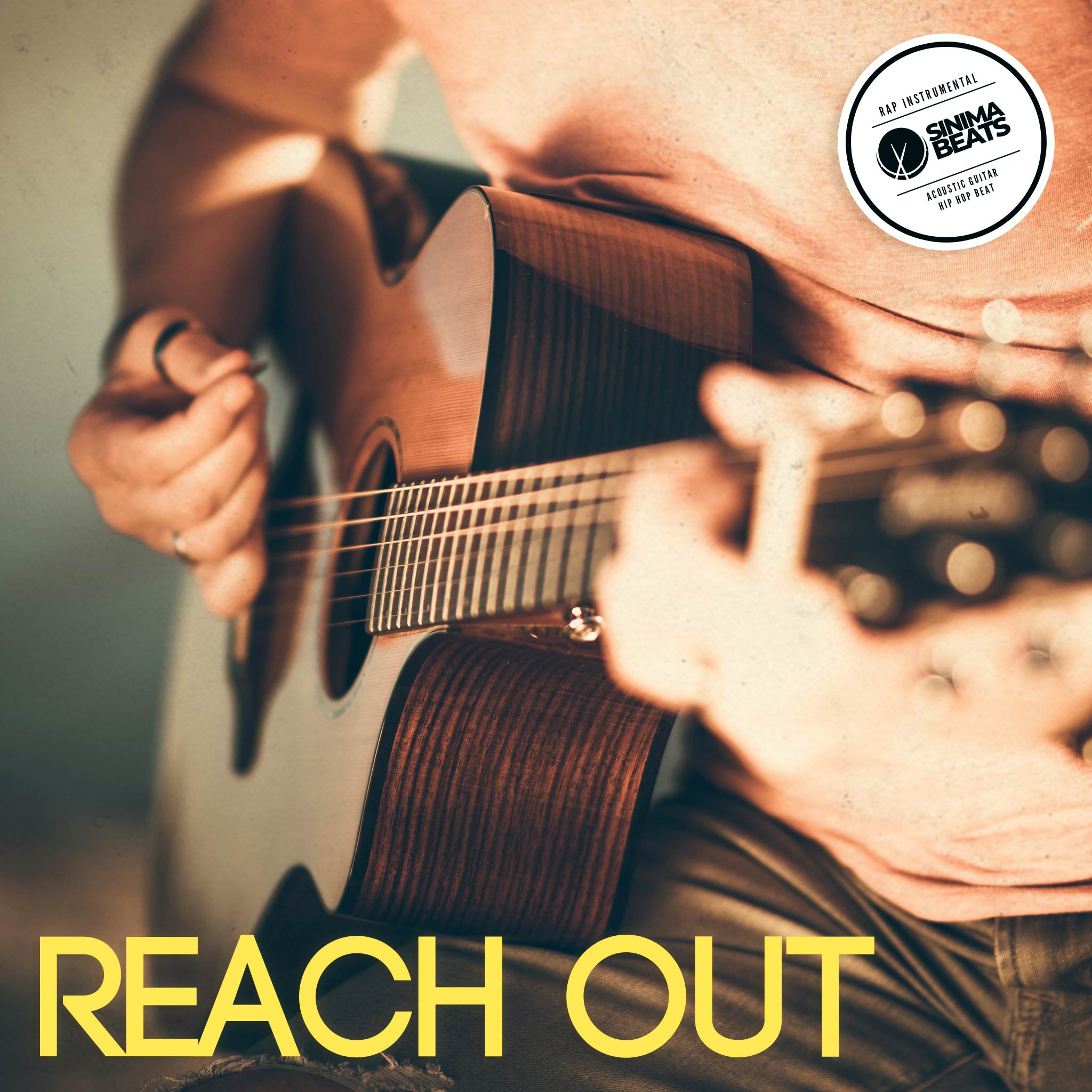 Close-up of an acoustic guitar being played, with a textured overlay and a white round sticker label, creating a distinct look for ‘Reach Out’ hip-hop cover art. The design blends musical elements with a raw, artistic feel.