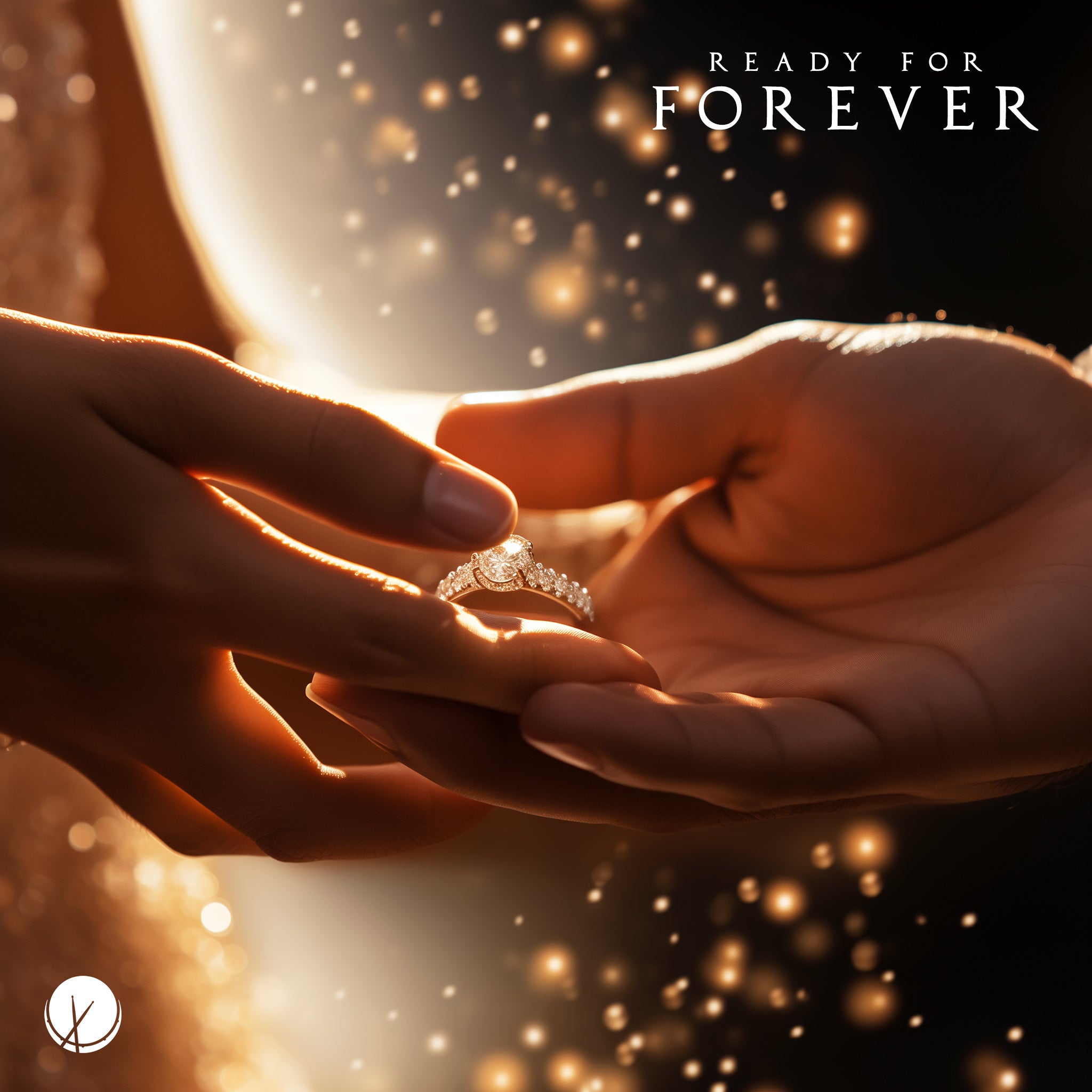 Heartwarming scene titled "Ready for Forever" featuring a close-up of a man putting an engagement ring on a woman's hand, symbolizing a moment of commitment and everlasting love.