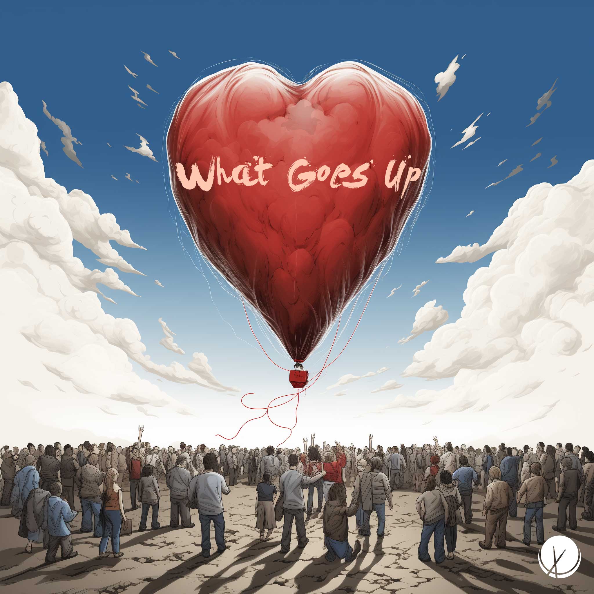 Illustration of a red hot air balloon deflating and falling down fast, with people on the ground looking up and pointing. Title: "What Goes Up."