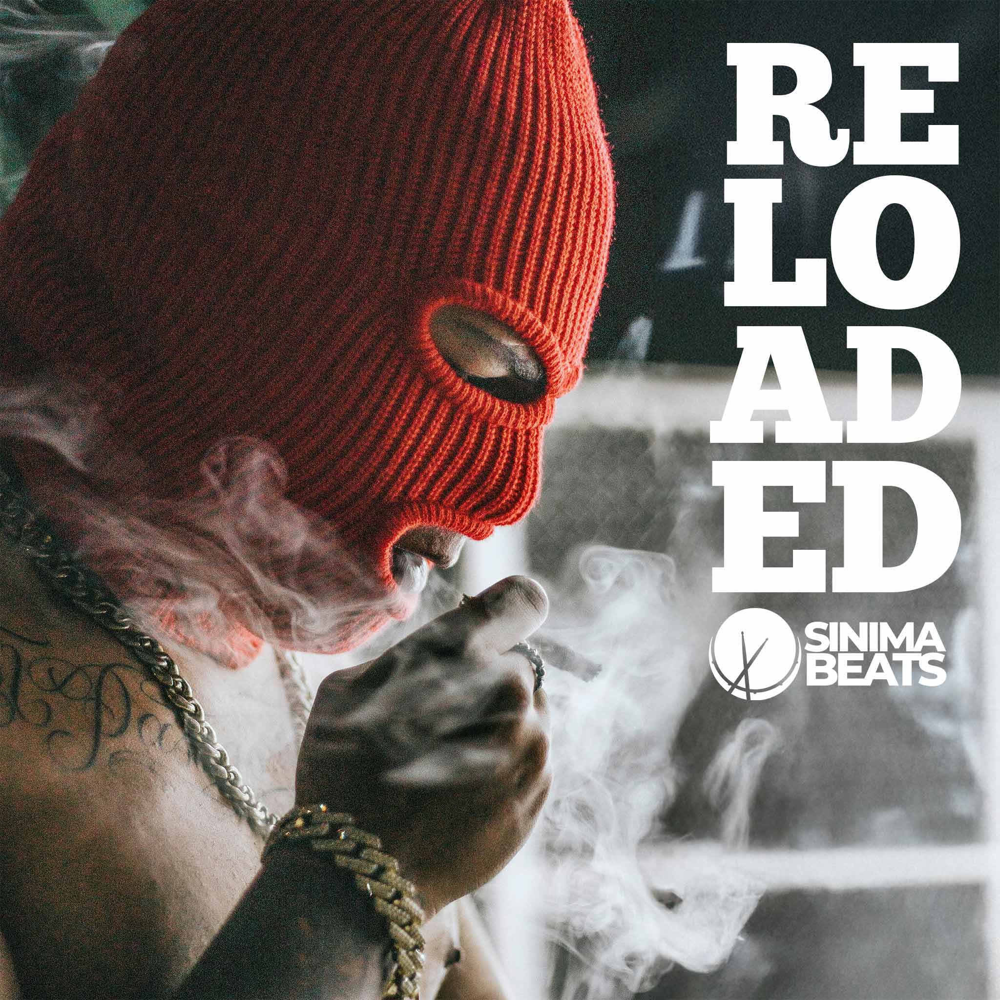 Gangsta wearing red ski mask and gold chains, man smoking. Sinima Beats, Reloaded.