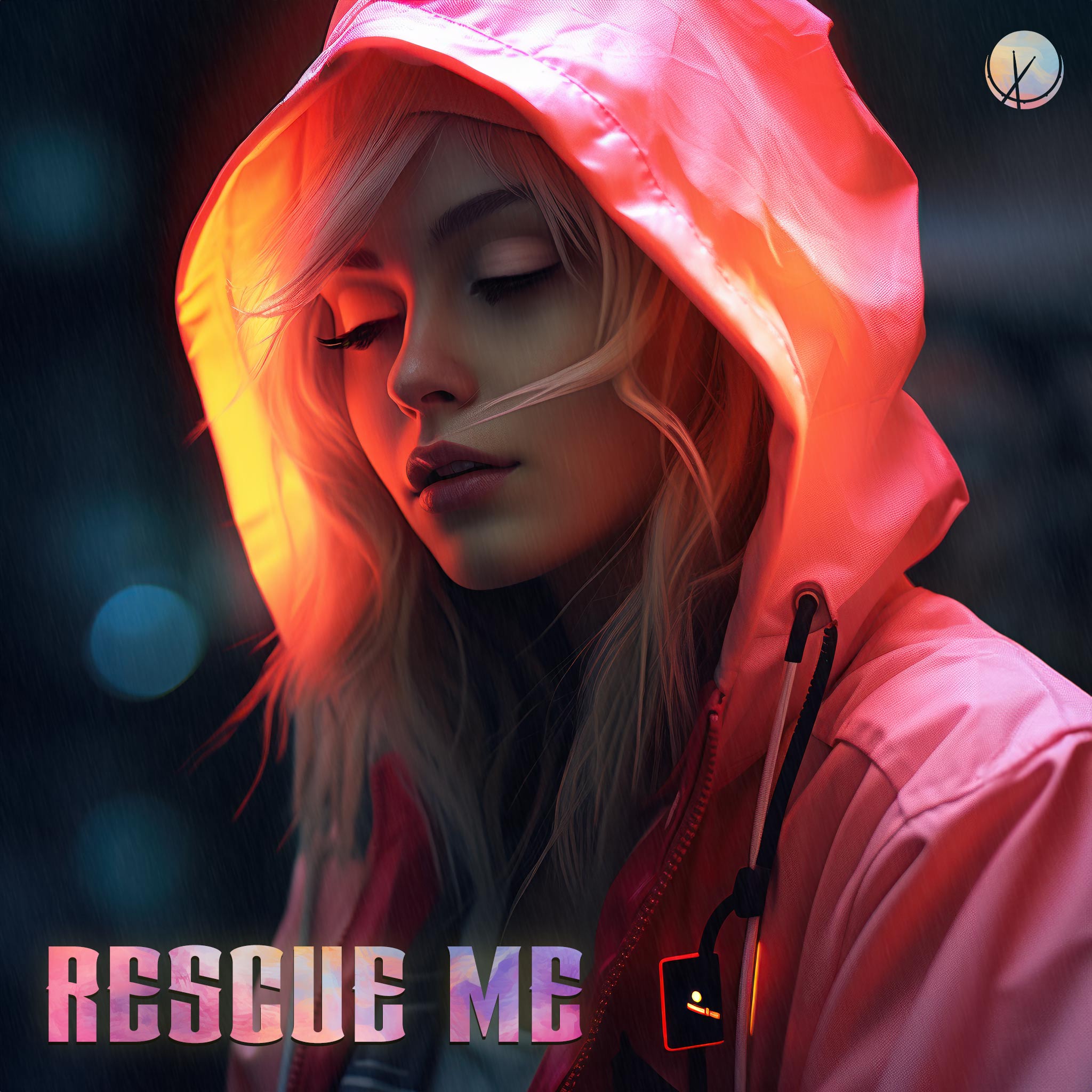 Sad blonde girl wearing a neon pink rain jacket, set against a beautifully blurred bokeh background, capturing a poignant moment of allure and mystery. Title: 'Rescue Me.'
