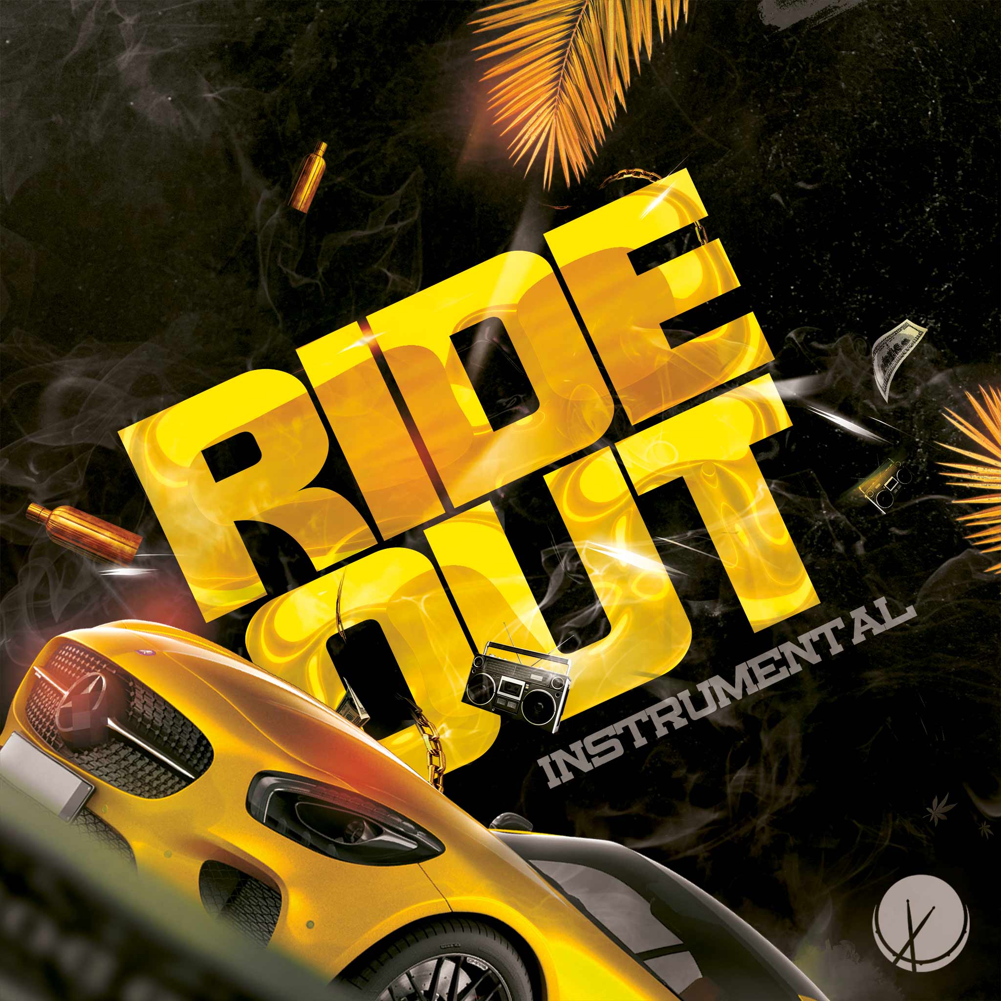 Hip Hop Cover Art of Yellow Sports Car, Palm Branches, Money, Boom Boxes, Gold Chains and Bottles over a Smoke-filled Dark Background. Title: "Ride Out."