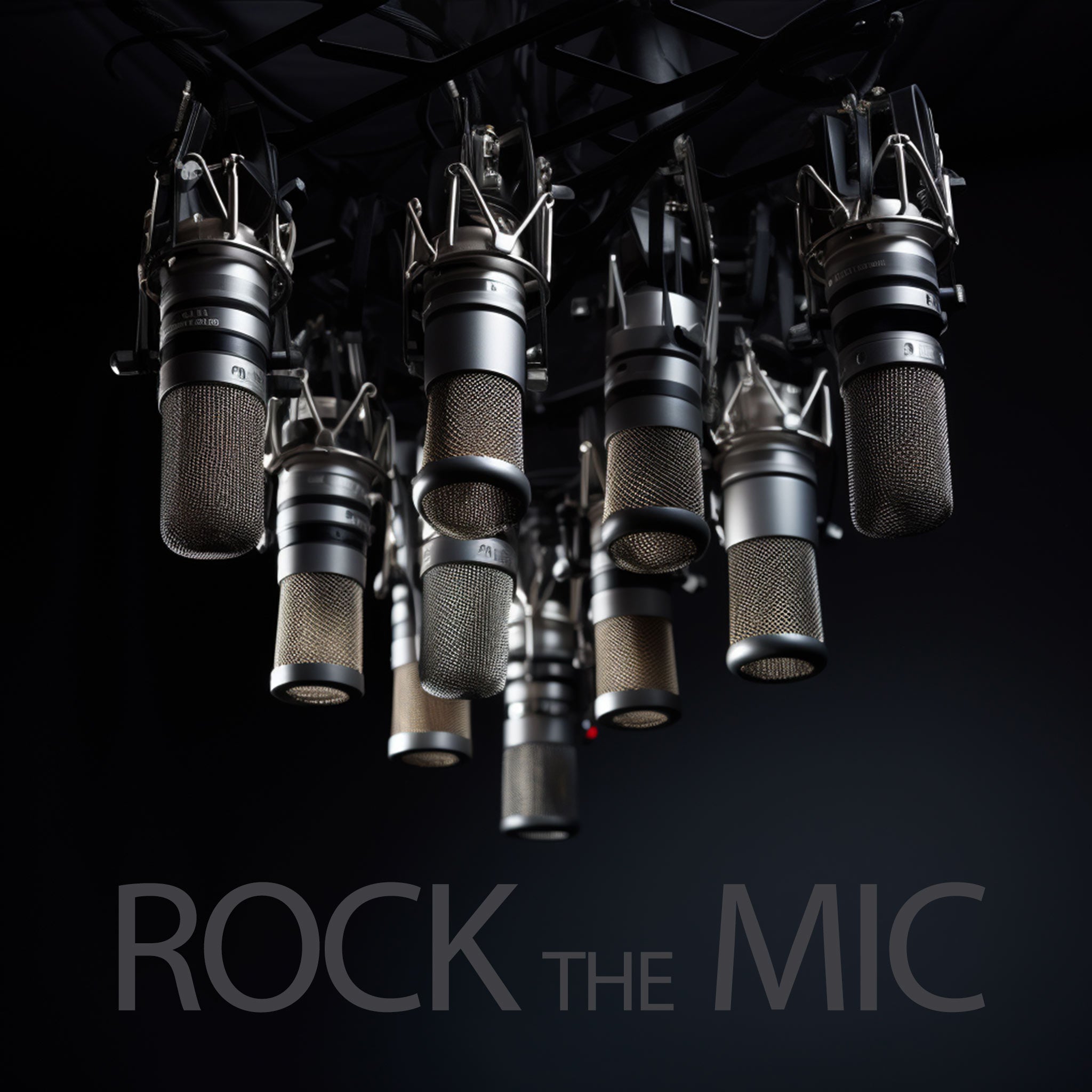 Collection of Microphones Hanging from Above over Dark Background. Title: "Rock the Mic."