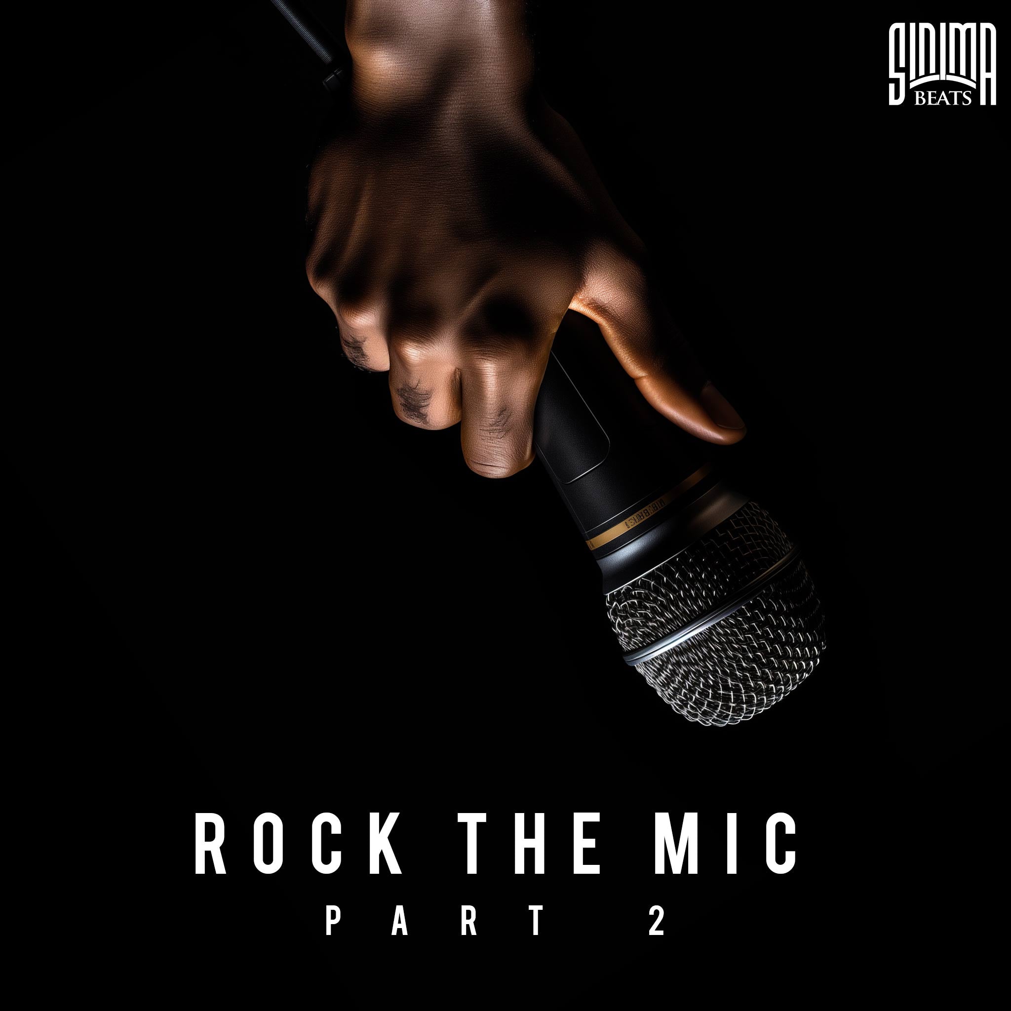 Hand Gripping Microphone in Downward Position on Solid Black Background. Title: "Rock the Mic Part 2."