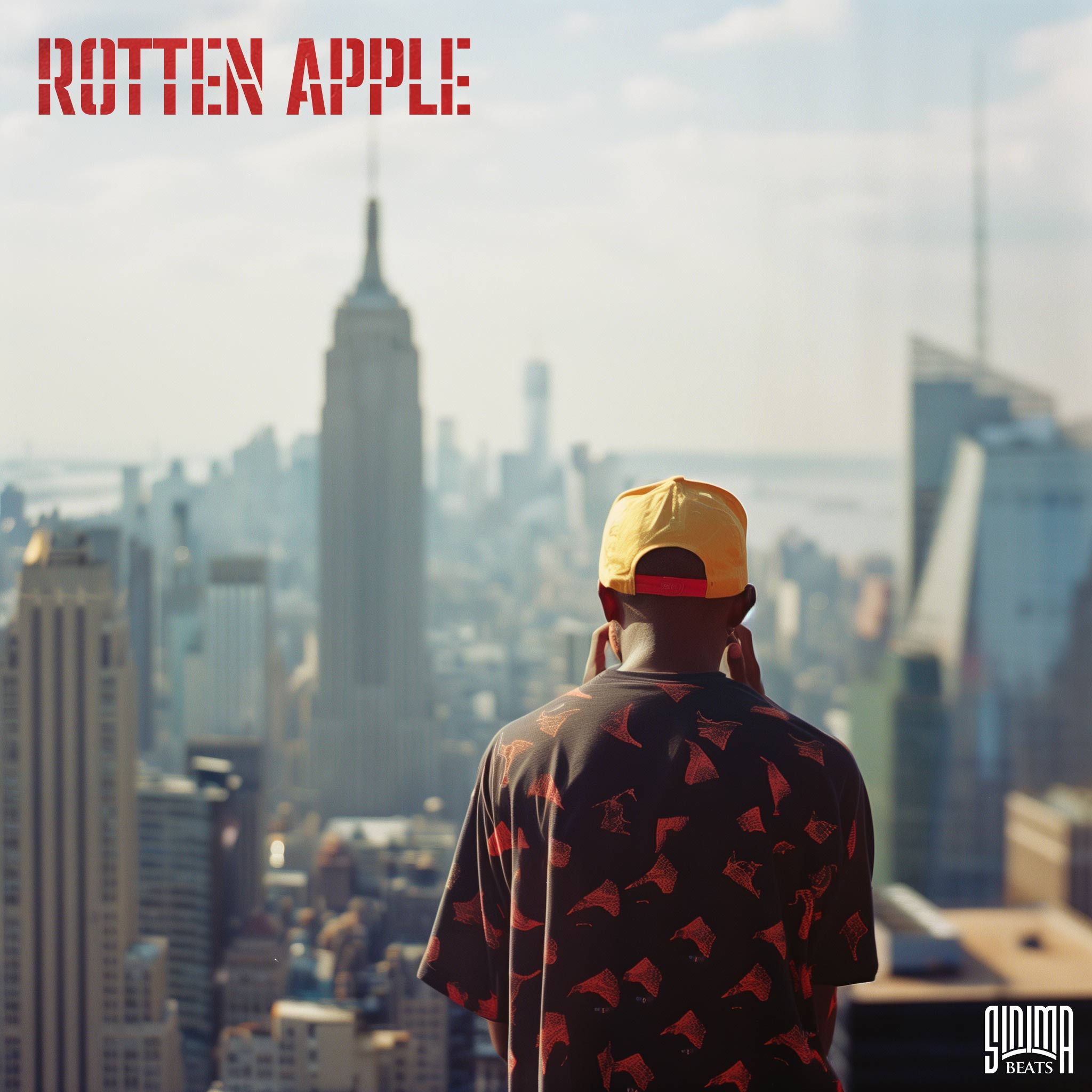 Stylish rapper in a black shirt stands on a rooftop with a striking view of New York City, embodying the gritty essence of 'Rotten Apple.'