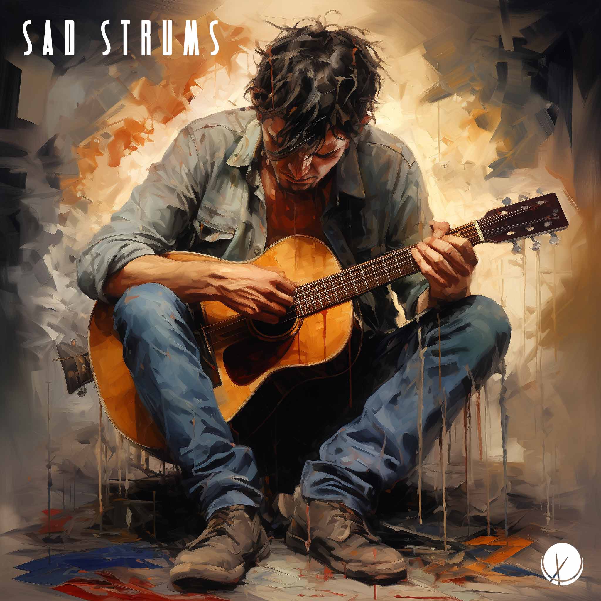 Sad Strums: Disheveled Man Holding Acoustic Guitar in Depressed Posture - Illustration Wearing Gray Dress Shirt and Blue Jeans.
