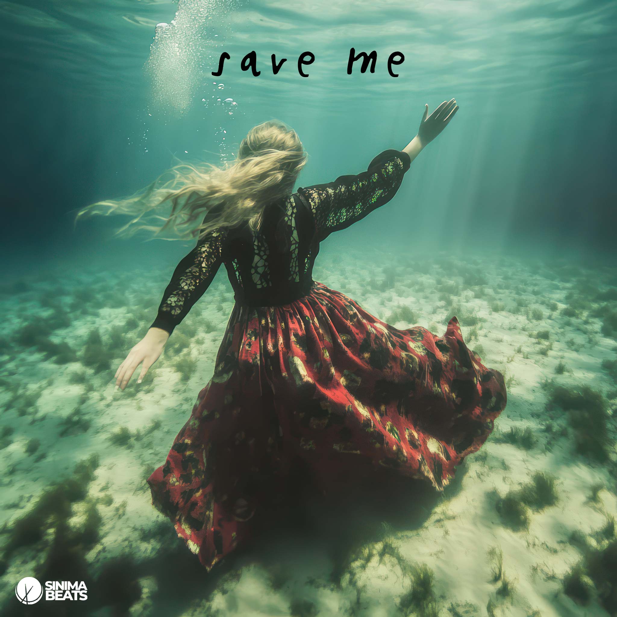 A woman in a black and red dress is depicted falling to the bottom of the sea, reaching her hand out for help as if crying out to God. The dramatic underwater scene captures her desperation and the emotional intensity of the moment. - Save Me