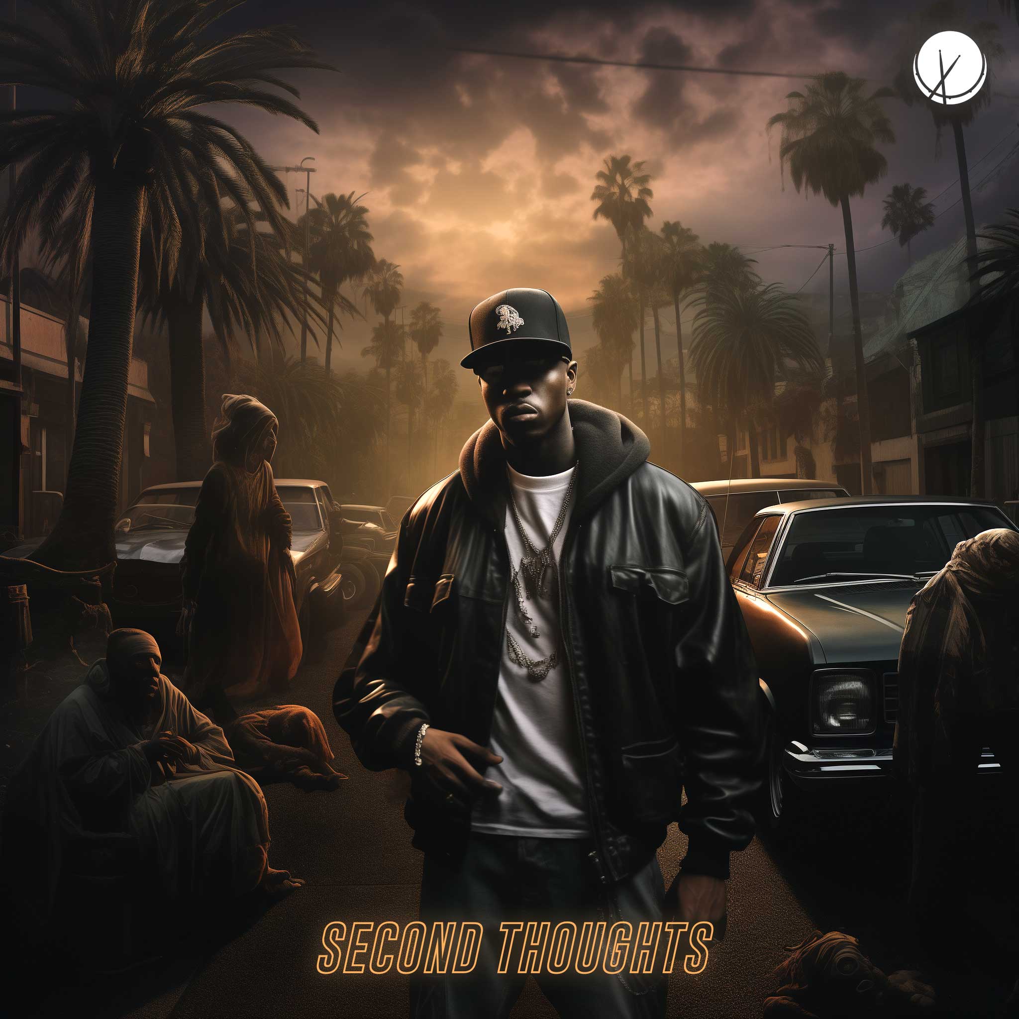 Second Thoughts: Rapper Wearing Black Baseball Cap and Black Leather Jacket with a Cotton Hood, Walking Down the Street in Evening Time with Palm Trees, Cars, People - Dark, Dramatic Feel.