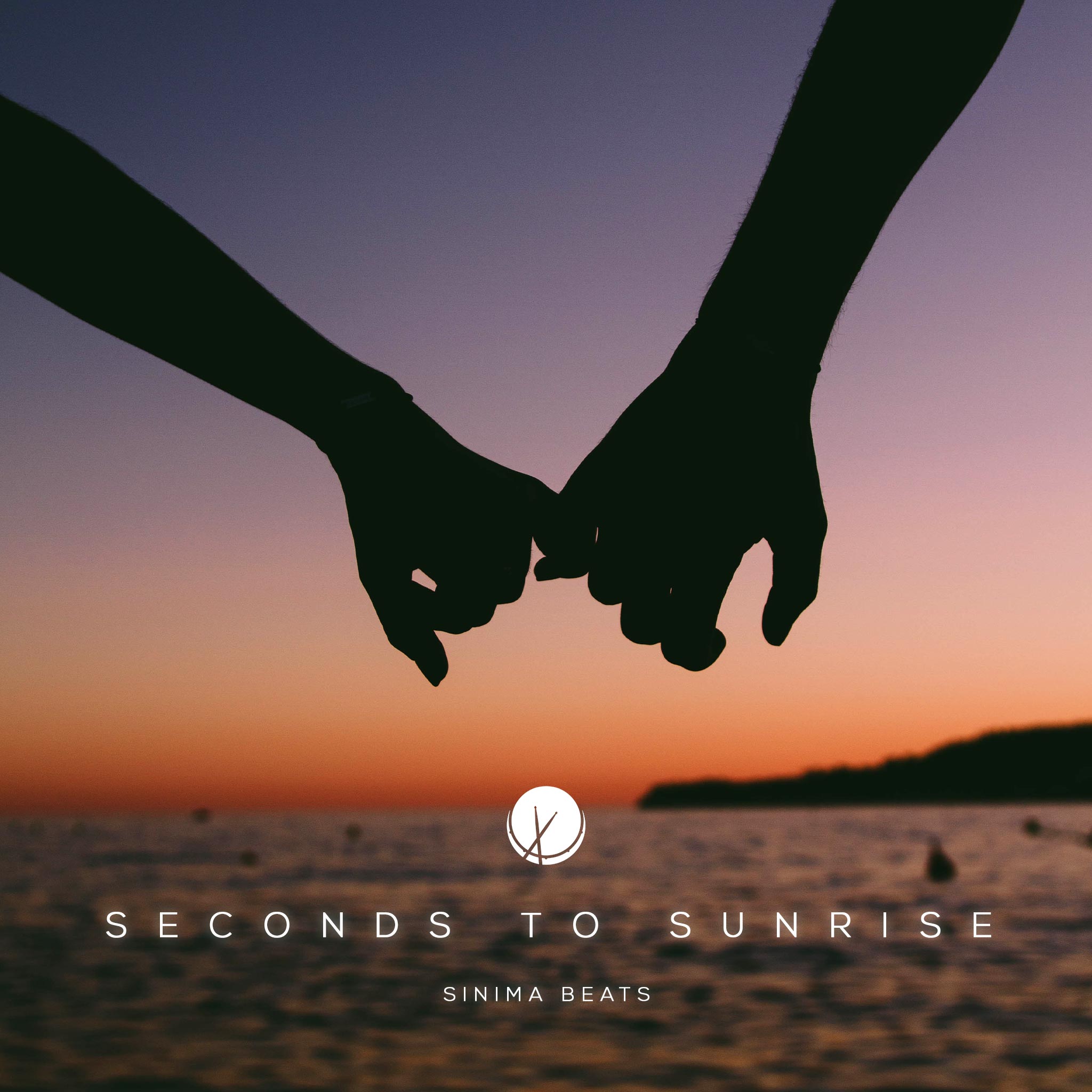 Silhouetted man and woman standing on a beach at twilight, their hands joining as they connect their pinky fingers, symbolizing closeness and intimacy. The serene beach setting creates a tranquil atmosphere, capturing a moment just before the new day begins. - Seconds to Sunrise