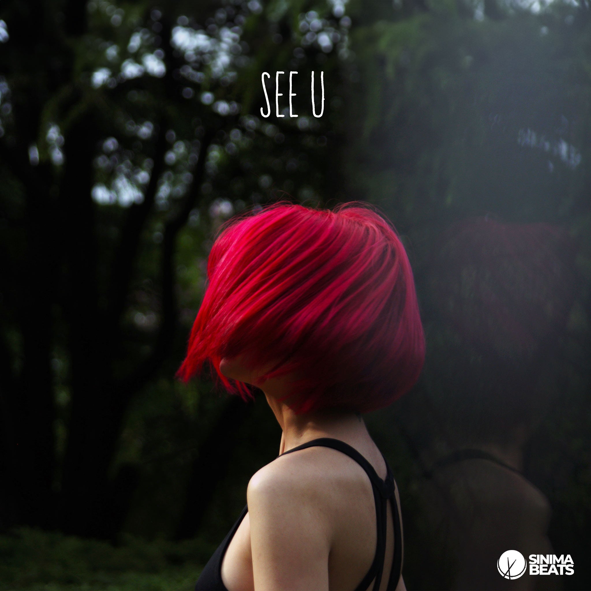 Pink-haired girl with shoulder-length hair, wearing a black tank top, dancing in a lush forest. Her face is playfully hidden as her hair swings around while she twirls, creating a carefree and whimsical vibe. – See U