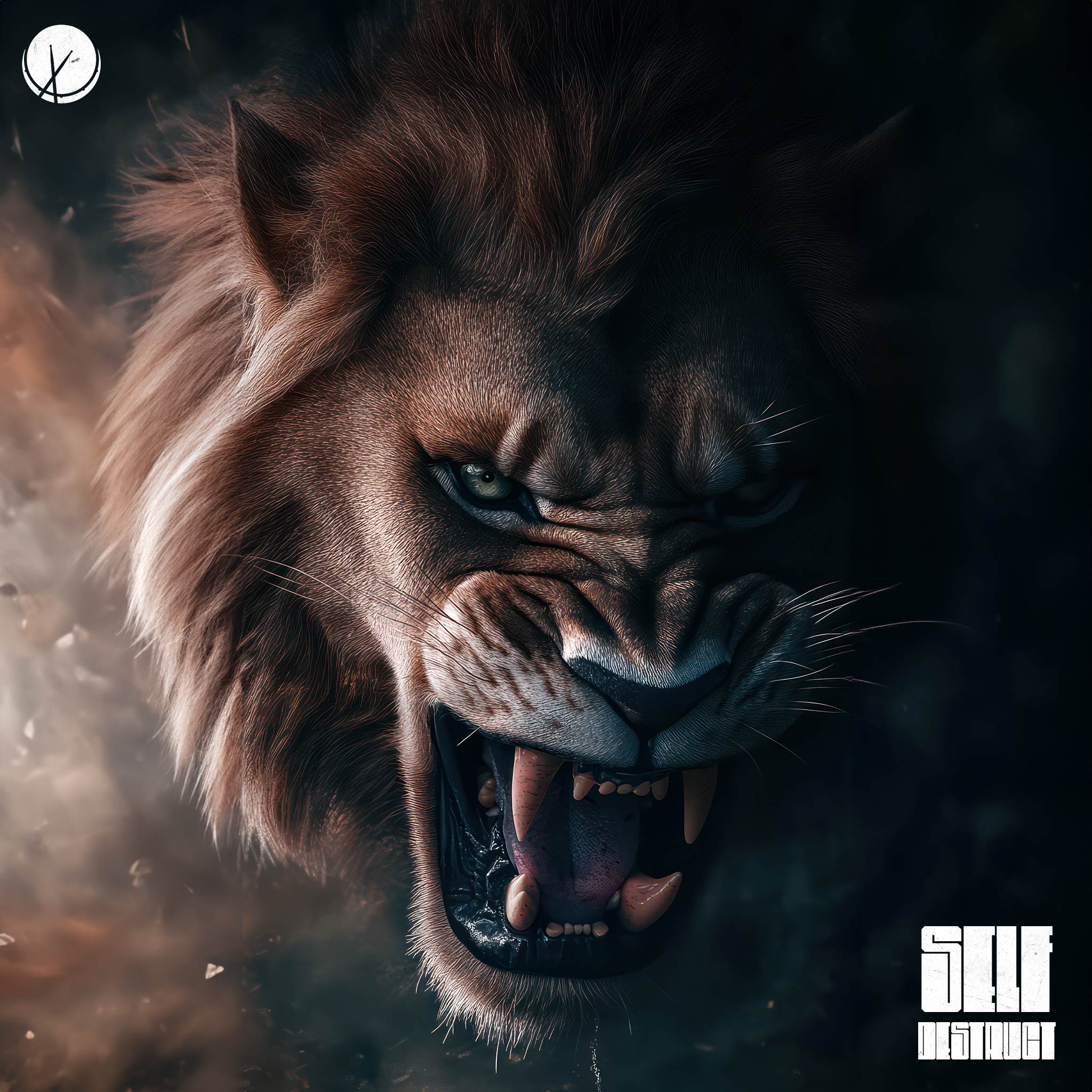 Aggressive lion roaring in action, captured in a high-quality photograph akin to National Geographic. The image portrays the lion's fierce demeanor and powerful presence, symbolizing themes of self-destruction and raw intensity. – Self Destruct