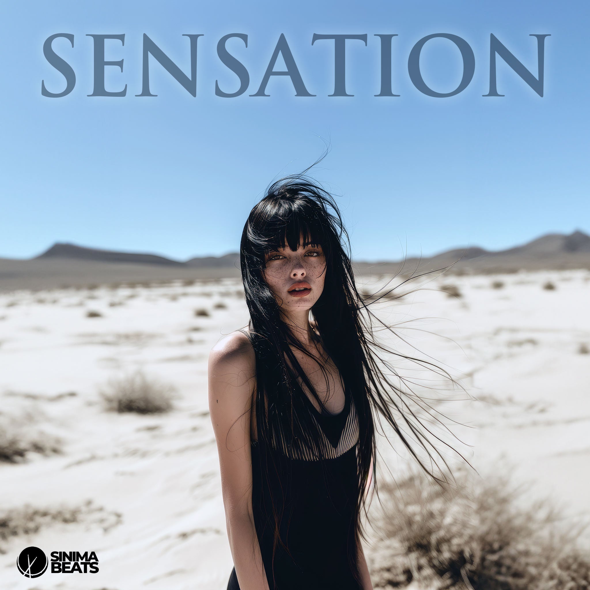 Freckled Supermodel with Long Black Hair Wearing a Black Dress Standing in a Hot Desert with Low Mountains and Blue Sky - Sensation