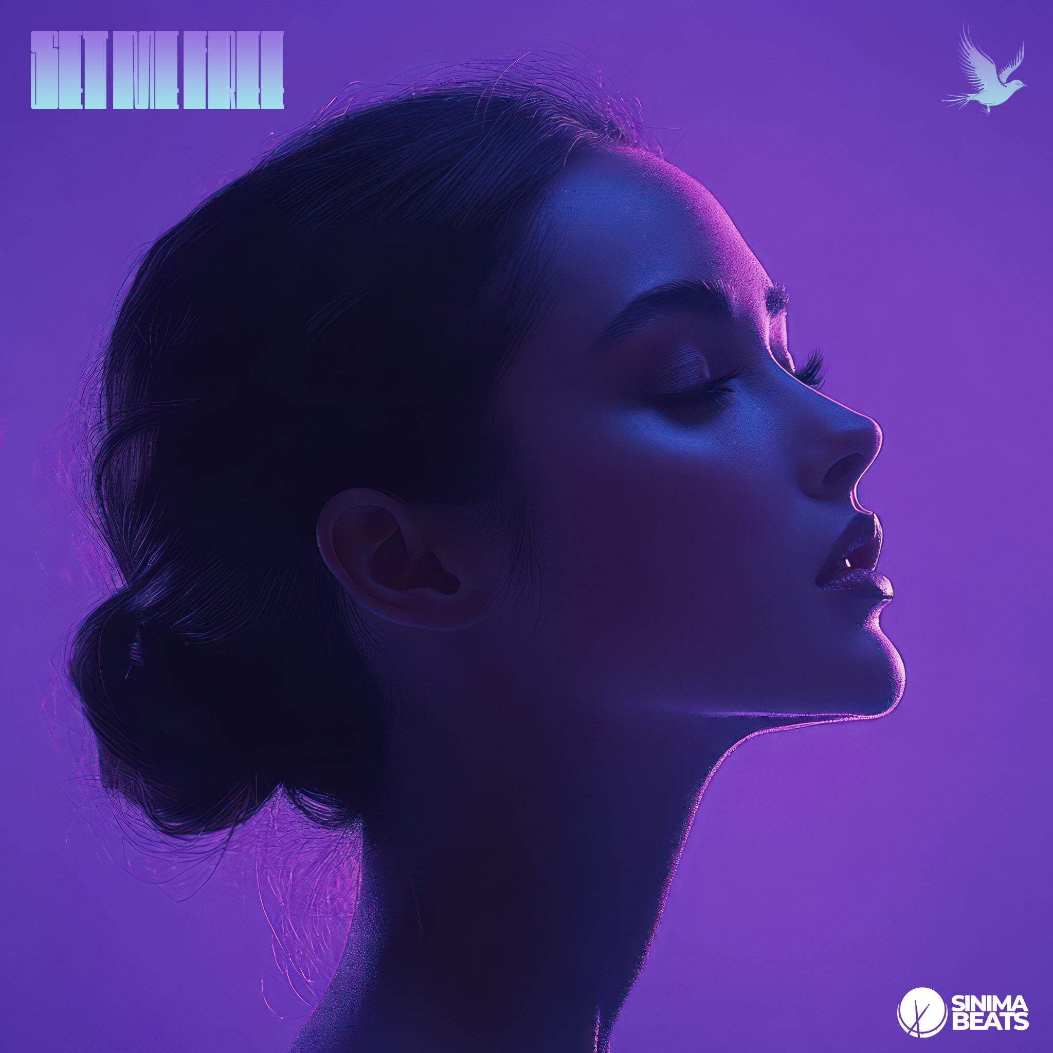 Close-up of a pretty woman with her hair tied back, set against a purple hue gradient background. The image features a bird flying icon, symbolizing freedom, and captures the essence of breaking free and personal liberation. – Set Me Free