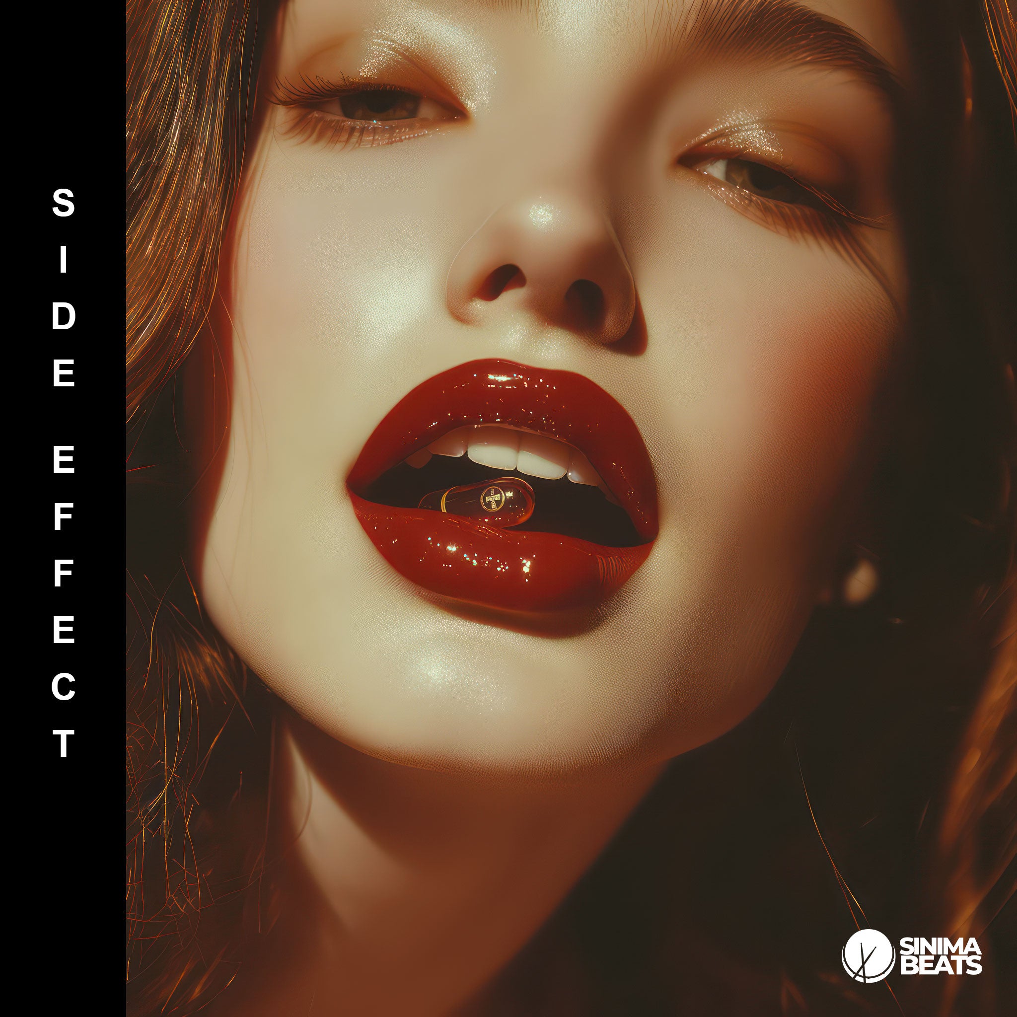 Close-up of a beautiful European woman with red hair, wearing red lipstick, holding a translucent red pill between her lips, highlighting the allure and danger of taking risks. – Side Effect
