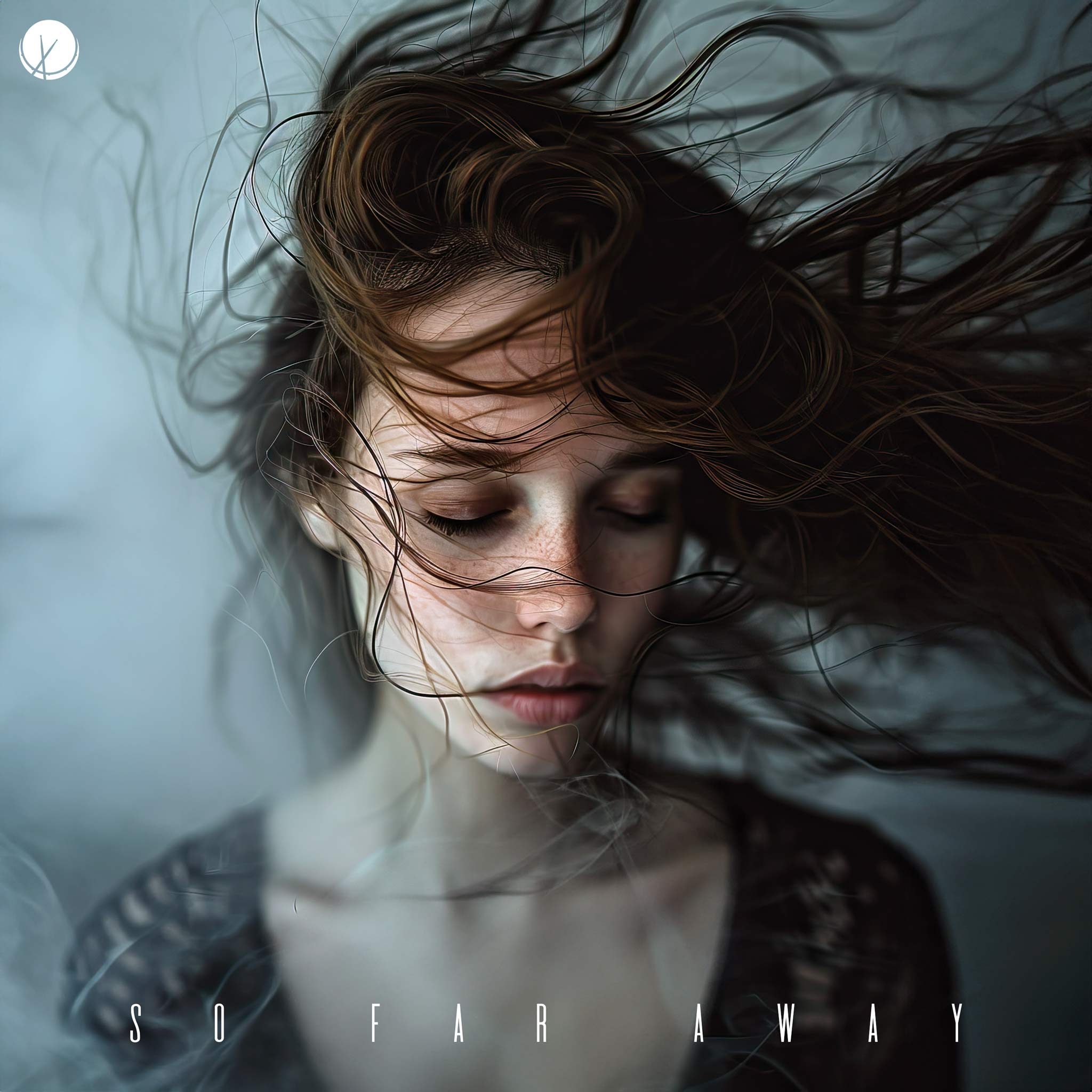 A beautiful girl with brown, flowy hair and freckles, wearing a black dress and standing with her eyes closed. The scene features smoke in the air and a windy atmosphere, capturing a sense of distance and introspection. – So Far Away