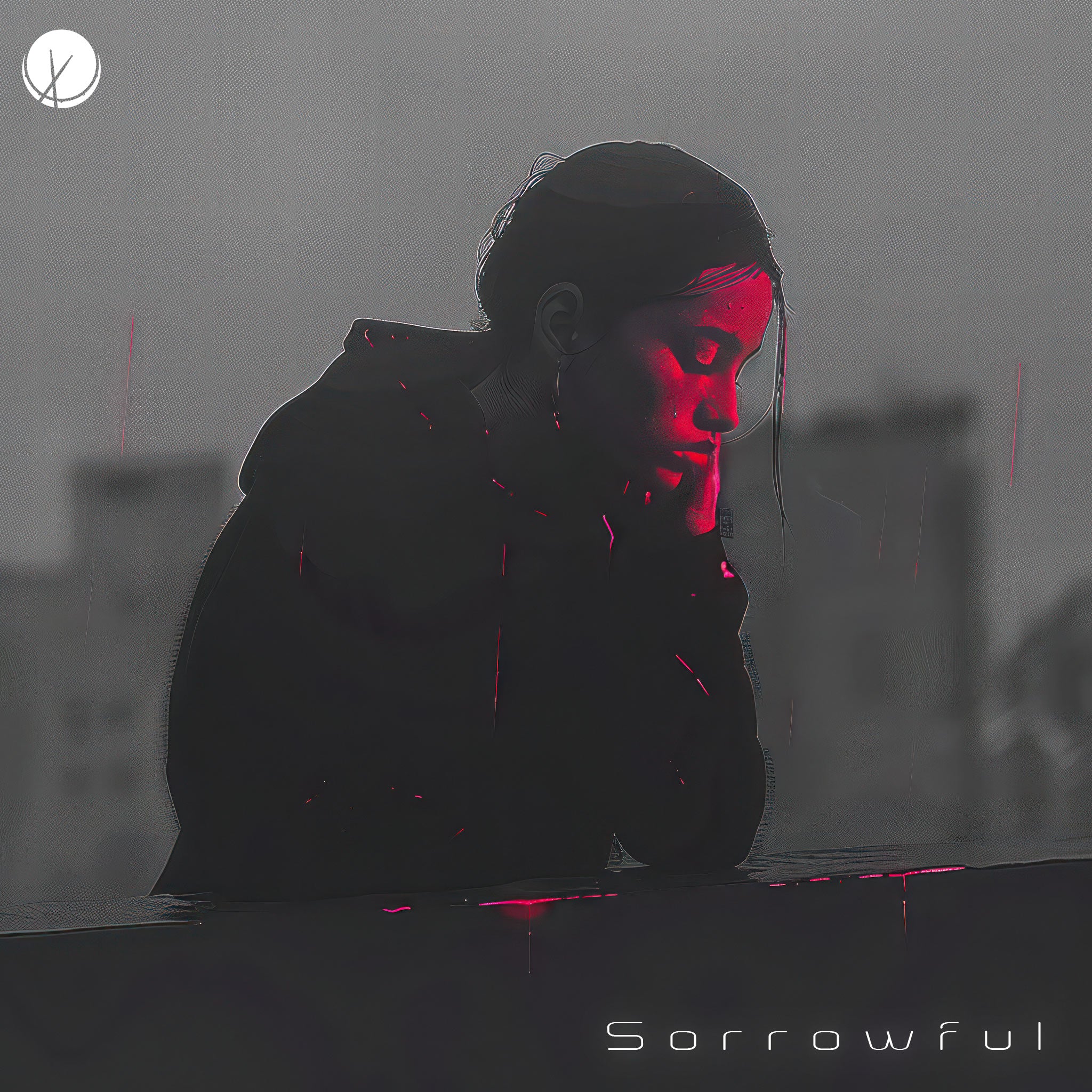 A sorrowful young woman wearing a black jacket leans against a rooftop, bathed in pink lighting with lines creating a dramatic effect. Her expression is sad, captured in a grayscale, textured image that highlights her feelings of melancholy — Sorrowful.