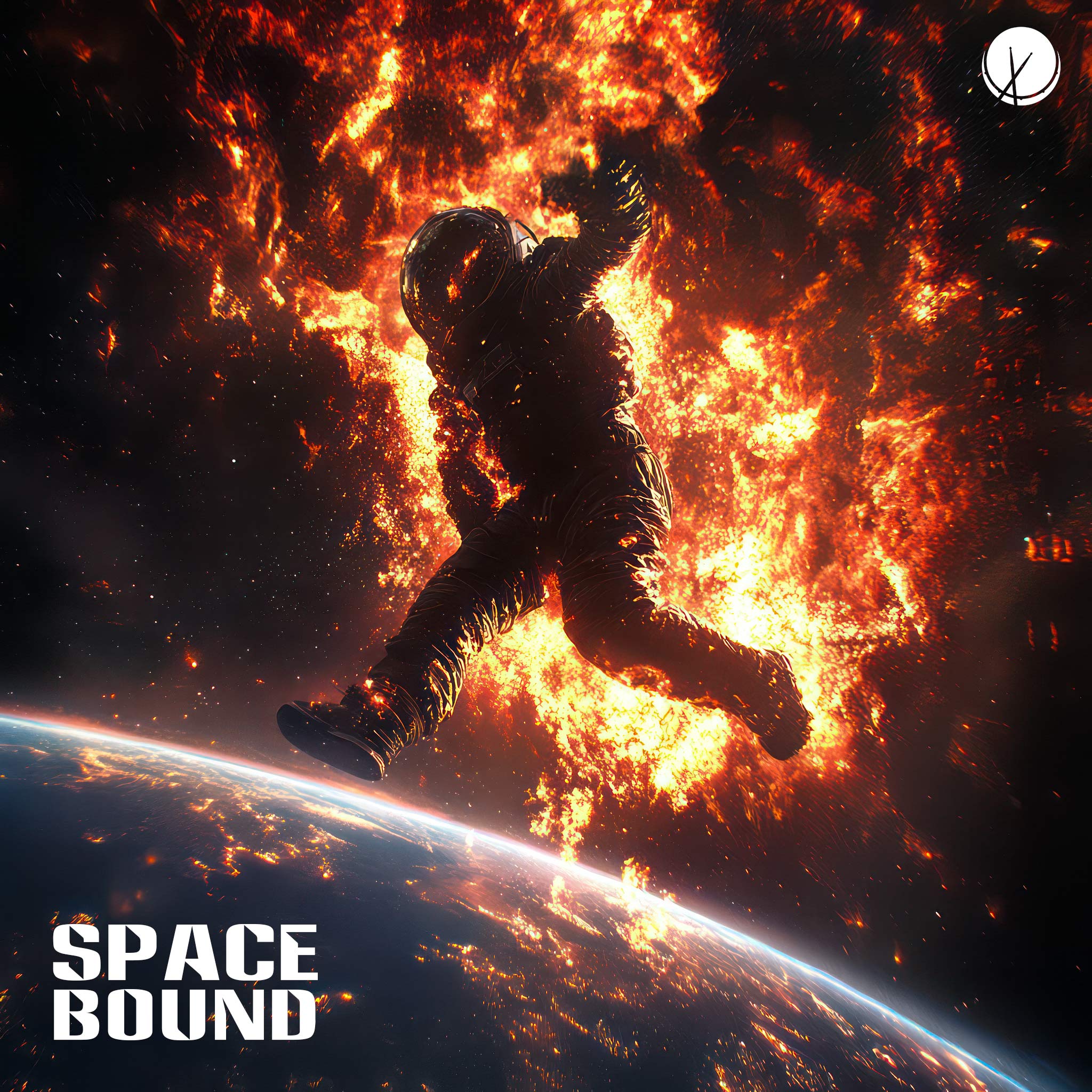 Astronaut with flames flying into space at rapid speed, view of Earth in the background, surrounded by stars – Space Bound