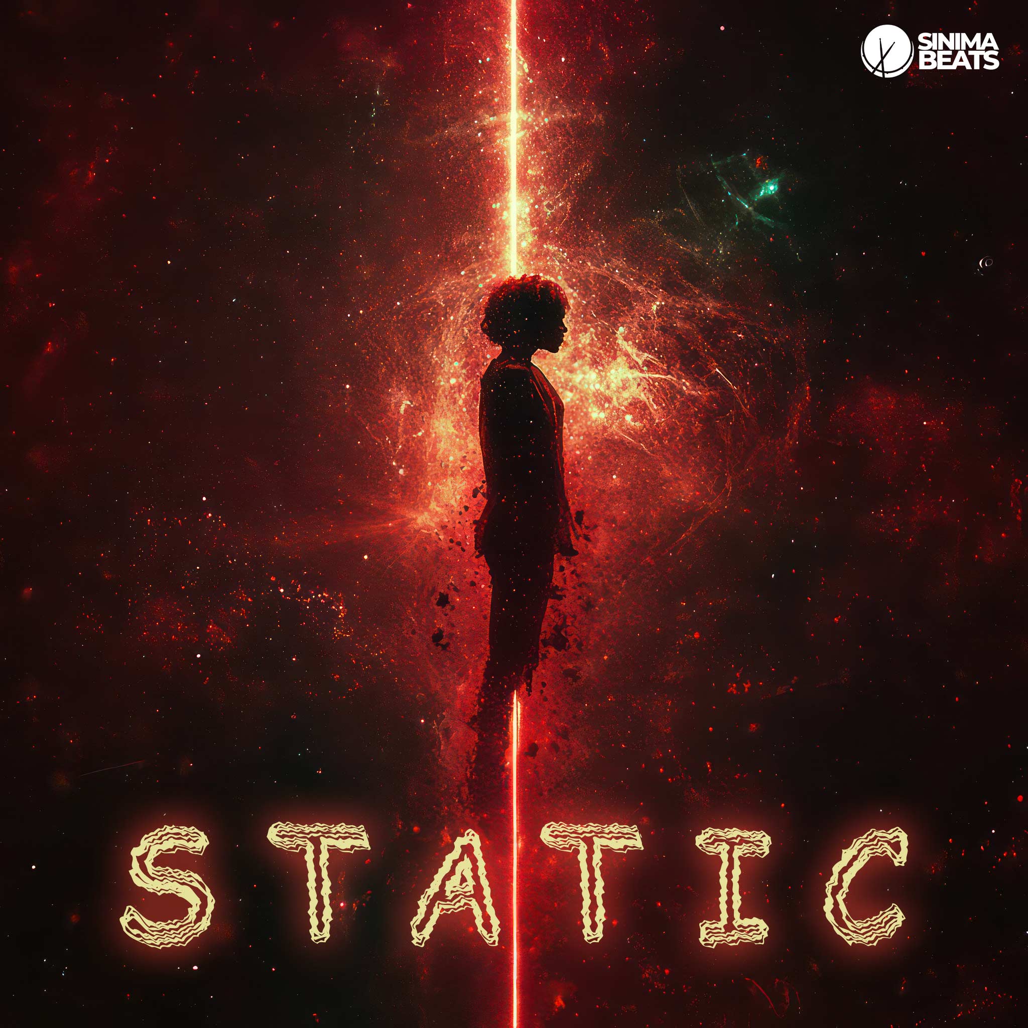 Hip-hop cover art featuring a person floating in the cosmos with a light beam shooting vertically through their figure – Static