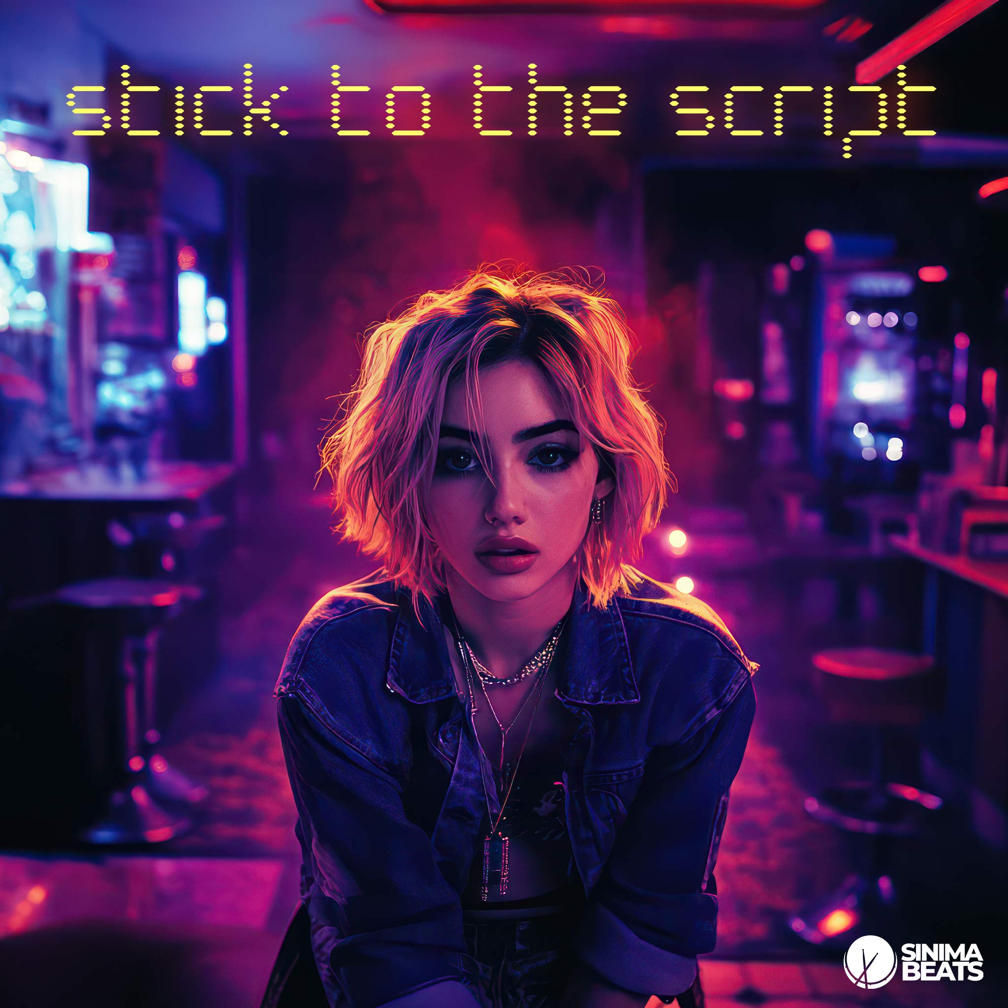 A cute girl with short blonde hair, wearing a blue jean jacket, stands in a club-like setting. The atmosphere is enhanced with fog and neon lighting, giving the scene a vibrant and lively feel. - Stick to the Script