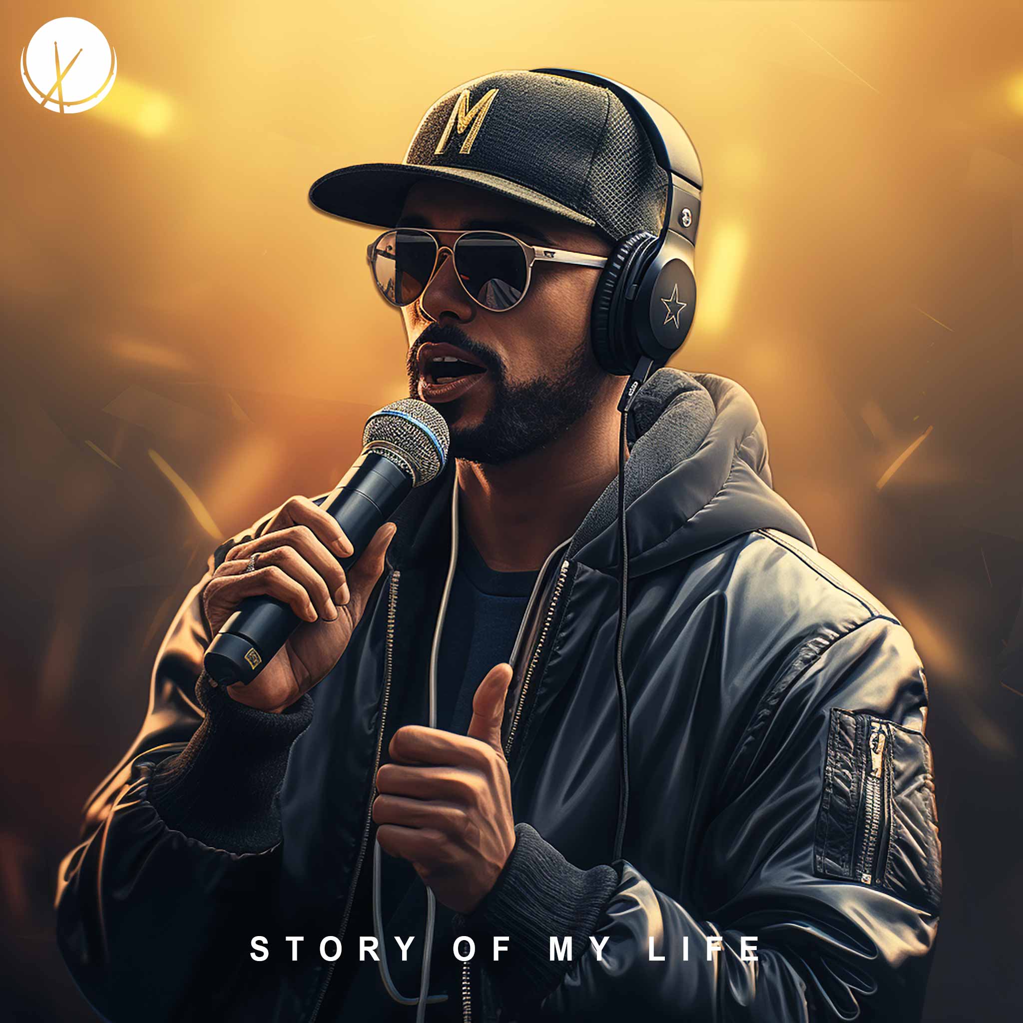 Illustration of Rapper Wearing Sunglasses and Baseball Cap, with Headphones and Bomber Jacket with Hoodie, Holding a Microphone (2048px by 2048px, high resolution). Title: "Story of My Life."