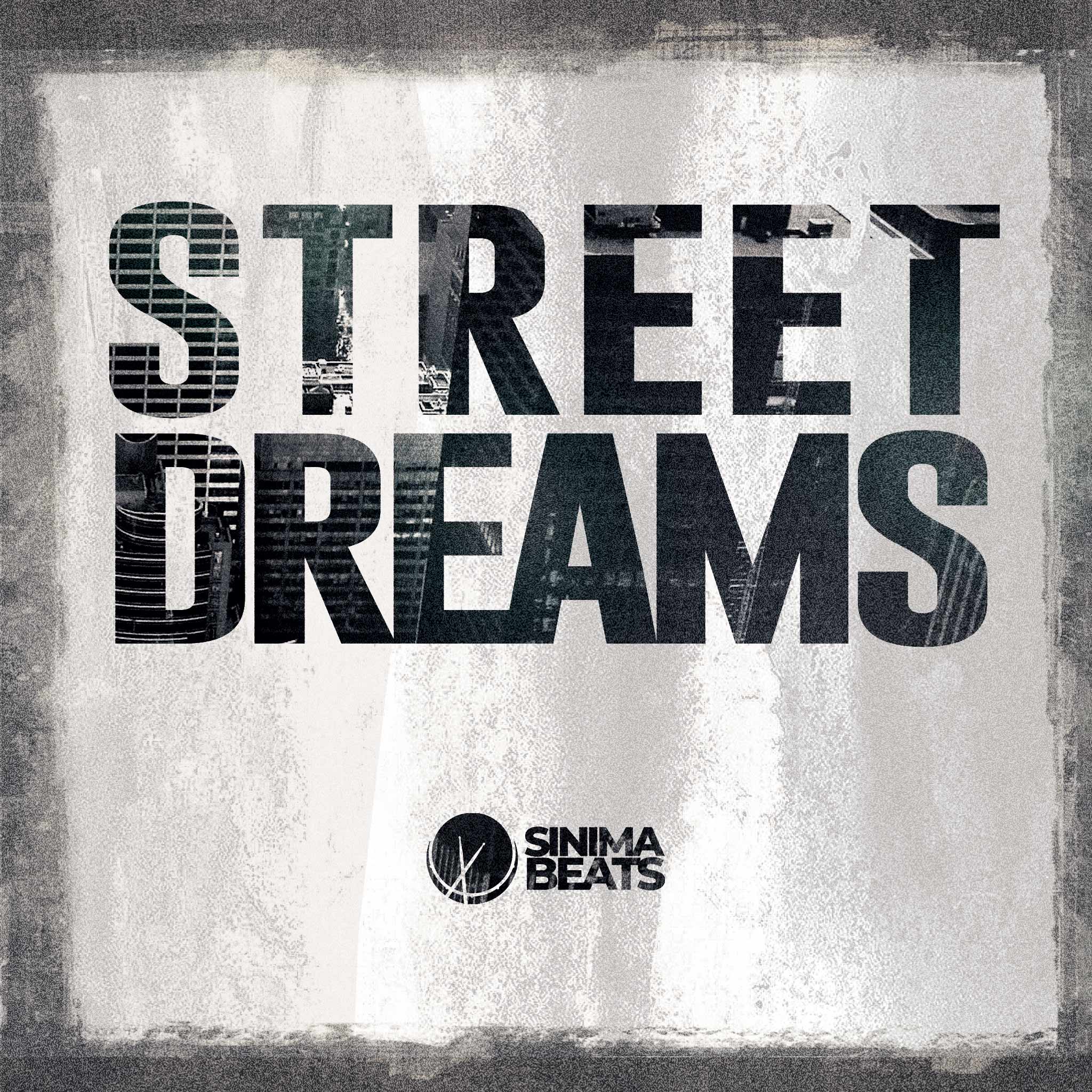 An urban-themed cover art for Street Dreams, utilizing double exposure to blend city buildings into the background. The typography is bold and prominent, merging with textured gray and dark gray colors to create a gritty, street-wise aesthetic. The design captures the essence of urban life and ambition, conveying a powerful and aspirational hip-hop vibe.