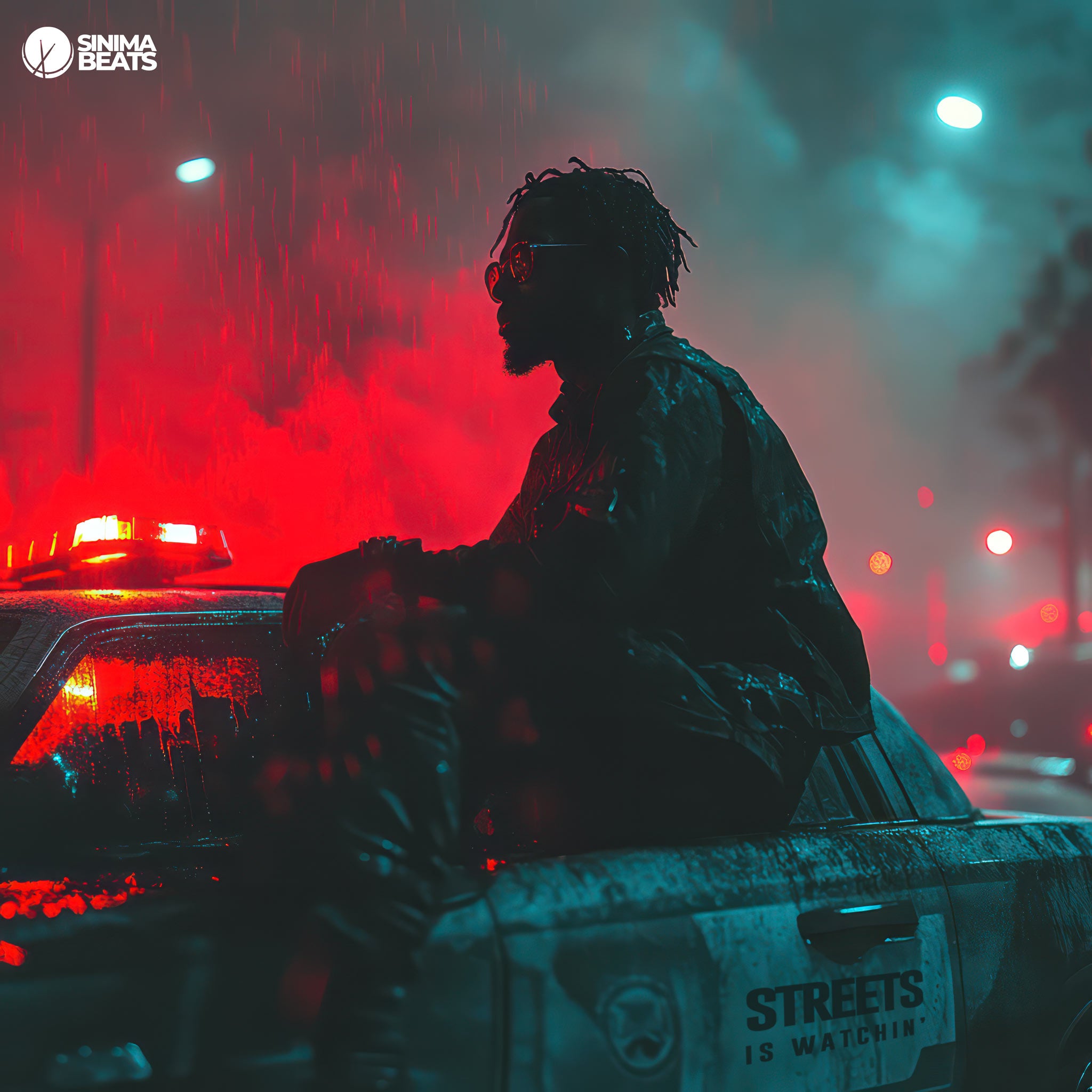 A black man wearing dark, urban-style clothing and sunglasses is seen hanging outside of a police car with flashing red lights, creating a cinematic scene. The cover art for Streets Is Watchin' conveys a sense of tension and vigilance, highlighting the challenges of street life. The dramatic lighting and urban backdrop emphasize the watchful nature of the streets, where every action is scrutinized. This powerful image captures the raw essence of the title, adding depth and realism to the hip-hop theme.