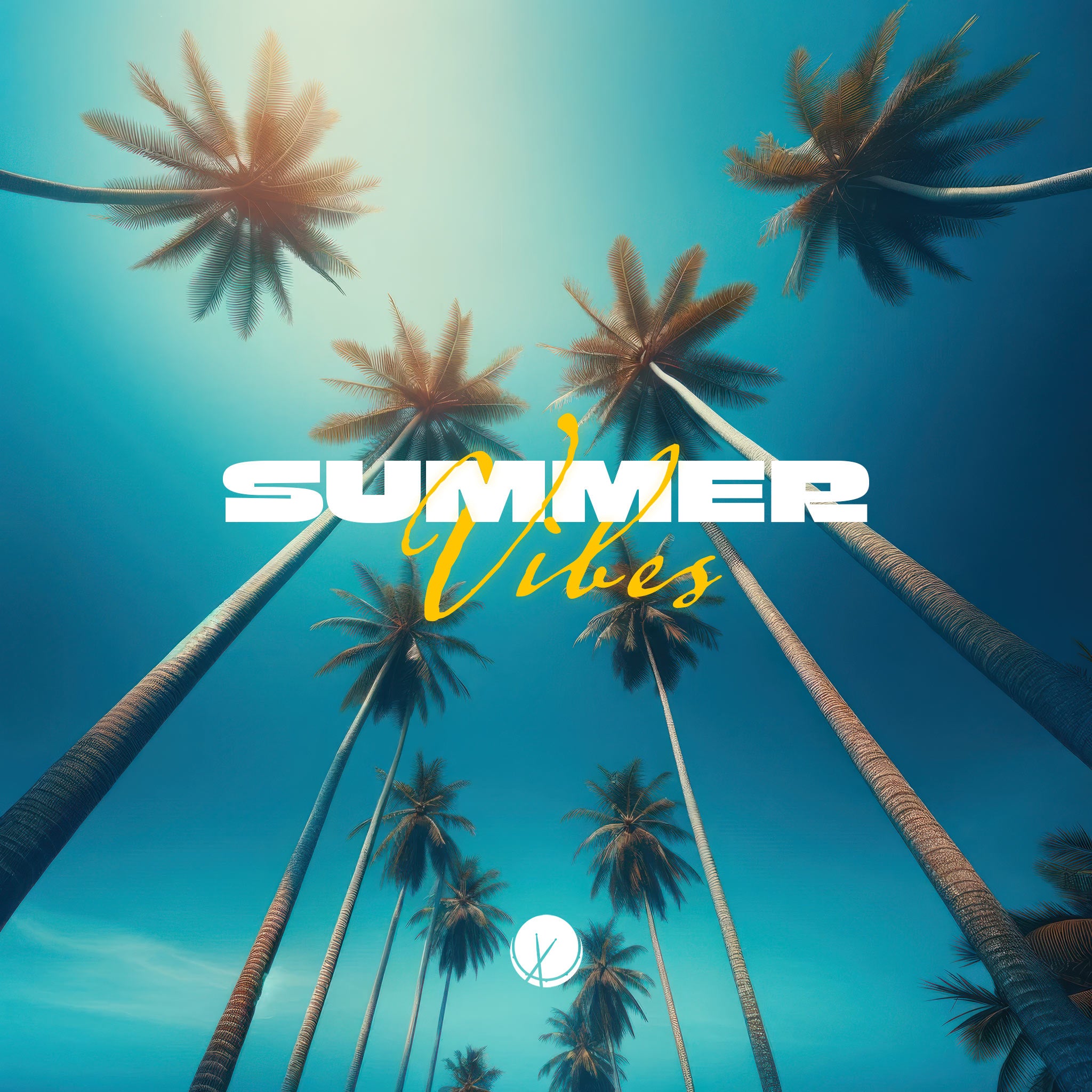 Stunning summer vibes captured through an upward perspective of tall palm trees against a clear blue sky, enhanced with a blue filter for soft contrast in high resolution (2048x2048 pixels).