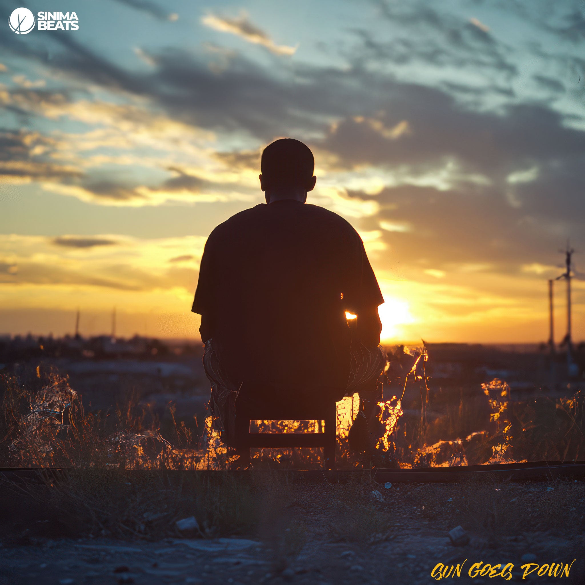 A contemplative scene with a man sporting a buzz cut, sitting on a small seat outdoors by an abandoned railroad track. The setting is serene yet melancholic, with the warm glow of a sunset casting long shadows and illuminating the landscape in soft, golden hues. The man gazes into the horizon, his posture reflecting introspection and a sense of solitude. The railroad track, now deserted, adds a nostalgic feel. - Sun Goes Down