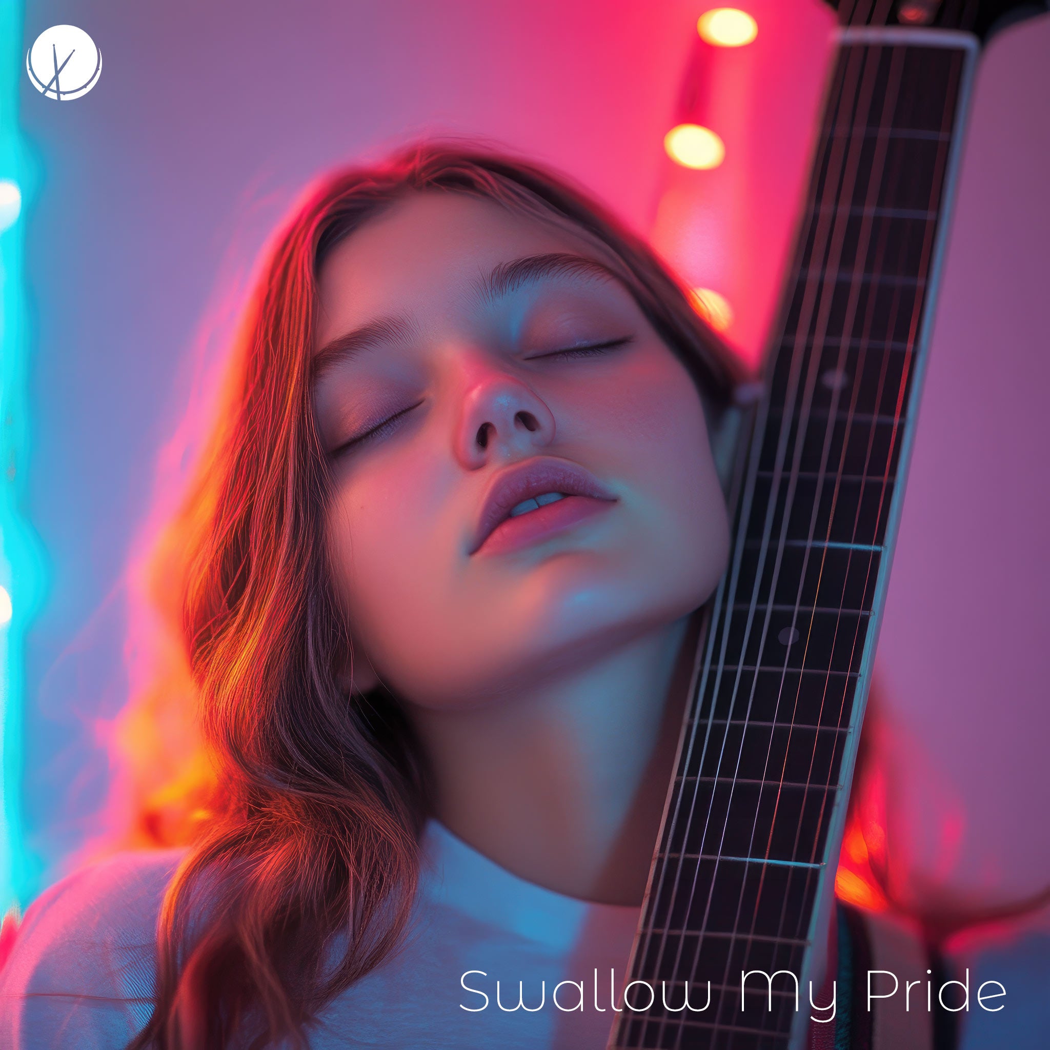 Close-Up of Young Girl with Eyes Closed Embracing Electric Guitar in Bedroom with Soft Neon Lighting - Swallow My Pride